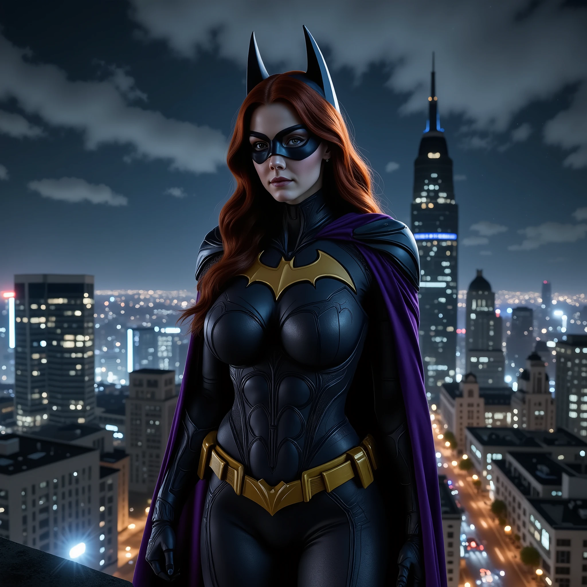 A photorealistic image of Barbara Gordon as Batgirl, standing confidently on a rooftop in Gotham City at night. She is dressed in her iconic sleek black and purple bat-suit, with intricate detailing on the armored panels, a golden bat-symbol across her chest, and a flowing cape that billows gently behind her. Her red hair peeks out from under her cowl, framing her determined expression. Her arms are crossed over her chest, emphasizing her poise and readiness for action.
The background features a breathtaking view of Gotham’s skyline, filled with towering skyscrapers illuminated by countless glowing windows and neon signs reflecting off low-hanging clouds. The night sky above is dark but alive with faint stars and streaks of light pollution, while spotlights from distant buildings pierce through the misty atmosphere. Subtle hints of rain-soaked streets below glisten under the city lights, enhancing the moody ambiance. Every detail captures the gritty yet fantastical essence of Gotham City.