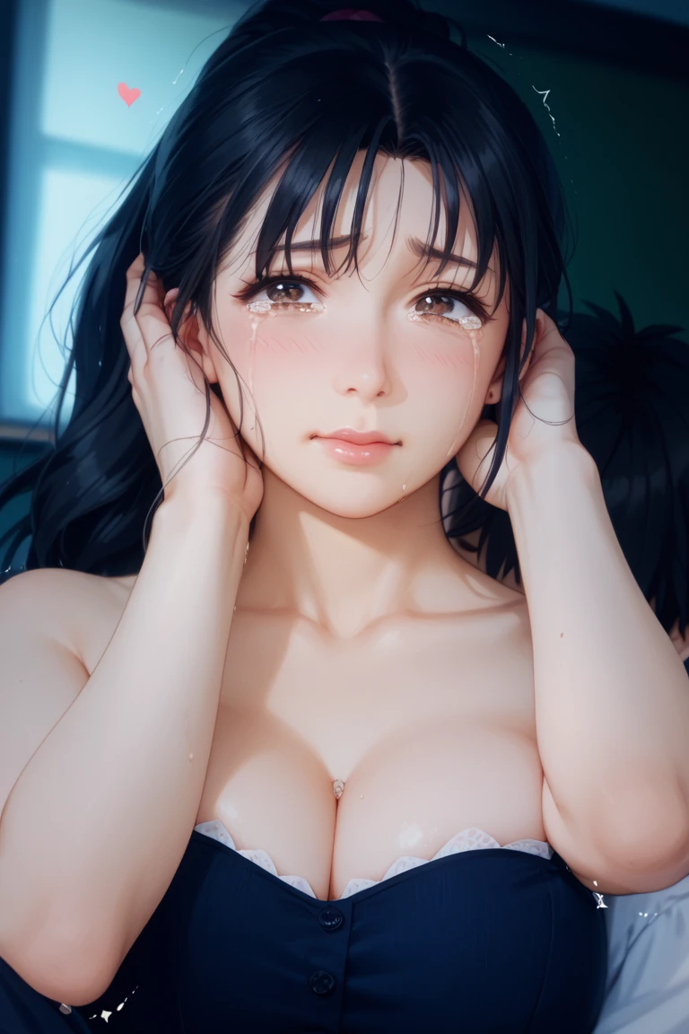 Cute , Sexy mature women,chubby cheek,sexy,realistic skin,huge saggy breast, nipple out,muted colours, pale white skin, mature women,black hair, long hair, (hair over one eye:1.4), Messy hair,hair between eyes ,low pony tail,sleepy eyes ,beautiful,pucker lips,smeared lipstick,charm,pubic hair pussy,dense pubic hair,blush on