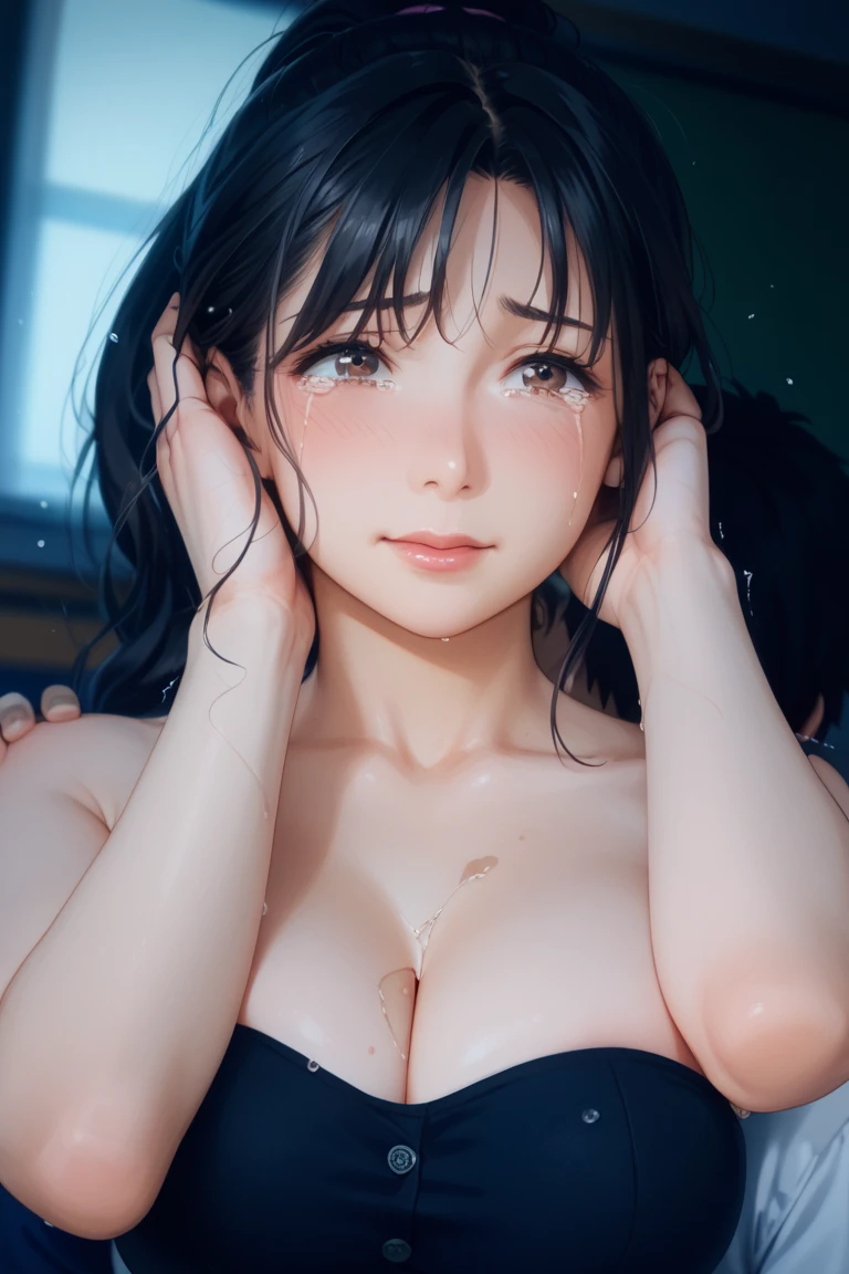 realisticlying、24 year old girl、In a white blouse shirt,Lie on the ground,Face to the audience,deep v big breasts,Face enhancement,Chest super large zoom,Cleavage emphasis,Looking up from the bottom,short detailed hair,voluminous hair,Blue eyes,with fair skin,Sino-Russian mixed、Blushing,Red lips,A sexy,Bed sit,Stick out her tongue,Very wide open mouth、banzai、(No underwear),wrinkles between eyebrows,Sweaty face,drools,white liquid on your face,Wet hair,(Screaming, fear, Crying: 1.4), (Very wide open mouth), (Heavy tears, Tears), (Looking up), (Staring overhead), Wet eye makeup, Perfect face, (Ultra-detailed eyes, Nose mouth), (beg forgiveness), (( large amount of white translucent sticky liquid is splashed, the skin is wet)), drooling copiously,