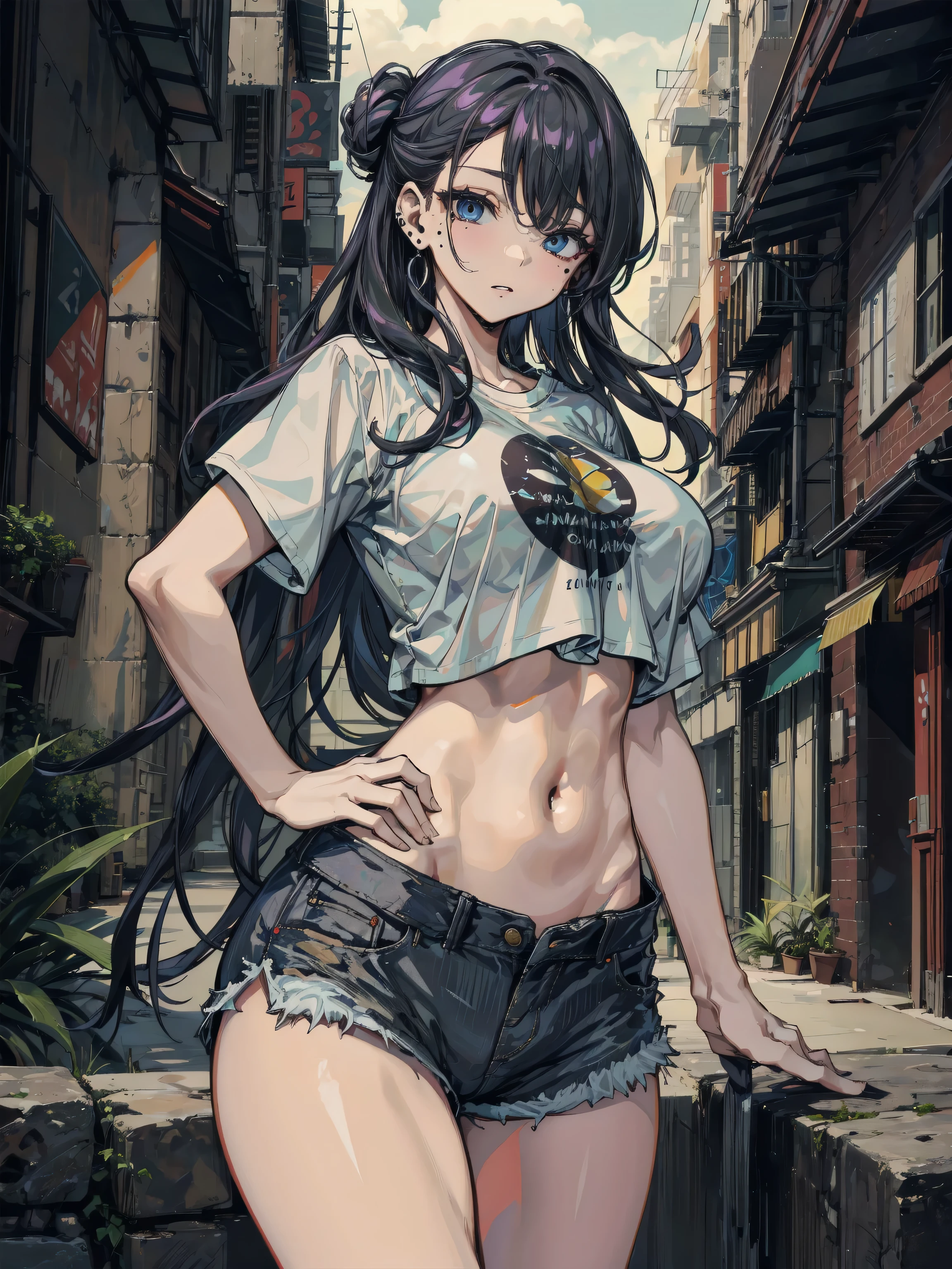 ((masterpiece, highest quality:1.3)),cowboy shot,20 year old beauty,solo,((very small head)),long body,dark blue hair,long hair,black eyes,bangs,medium breasts,,slender body,skinny,shiny skin,oily skin,smile,blush,smile,White tight tank top、Crop length、navel、Denim micro mini shorts、gunbelt,equipped with automatic rifle、on street、Ruined Tokyo、End of the World、