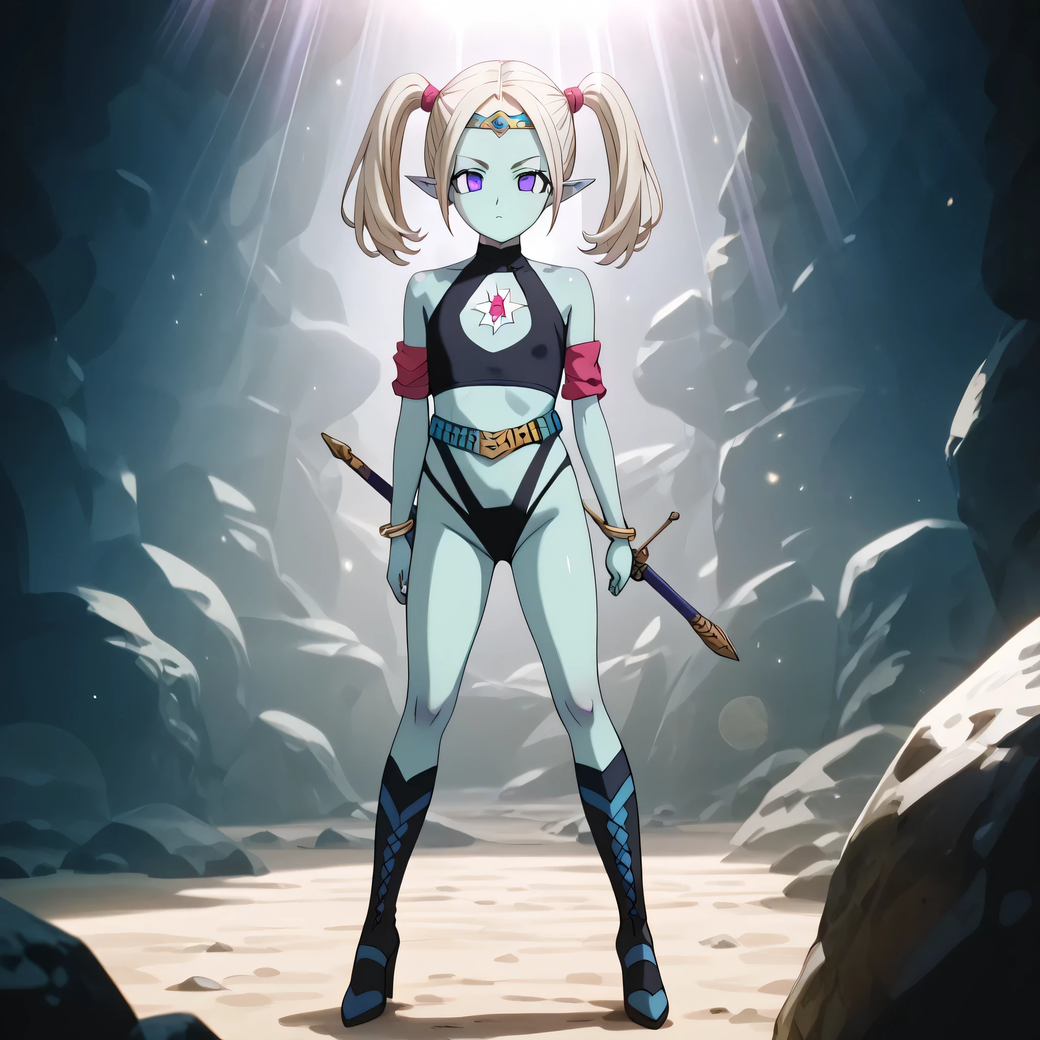 (((Masterpiece))), (((Best Quality))), ((Super Detail)), ultra-High resolution, score_9,score_8_up,score_7_up,score_6_up,score_5_up,score_4_up, BREAK, source_anime, anime screencap, uncensored, rating_explicit, Masterpiece, (best shadow), (absurdres), (detailed background), (very aesthetic), shiny, detailed beautiful eyes, outstanding, countershading, detailed soft lighting, an exquisite animation illustration, curvy, dark persona, empty eyes, expressionless, blank eyes, looking at viewer, full body, emotionless, Fighting Stance, horizontal pupils, (((black leotard, clothing cutout))), high heel boots, knee boots, circlet, armlet, bracelet, belt, halterneck, (((solo, 1girl))), hair ornament, seductive pose, submissive pose, small breast, flat breast, Panzy, colored skin, green skin, blue skin, pointy ears, white hair, twin tails, purple eyes, blonde hair, long hair, sand background, rock background, official style, dappled sunlight, light particles, light rays, panzy, standing, standing still, standing at attention