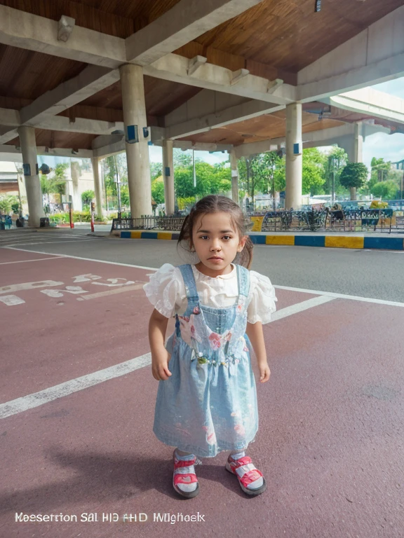 there is a little girl that is standing on the sidewalk，is wearing  dress, 2 years old, in city street, The characters in the background are Nanning Golden Shield Motor Vehicle Inspection Station,  She wears a cap, toddlers，quadratic element，adolable，Face flesh toot