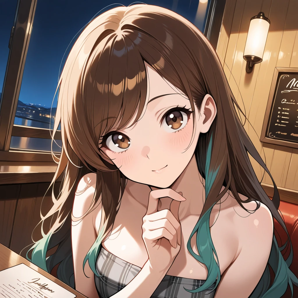 Gal、Short, light brown hair、Large Breasts、Wearing a sleeveless dress、Face smiling happily、Bar counter、Around 25 years old、Anime style illustration long hair, 