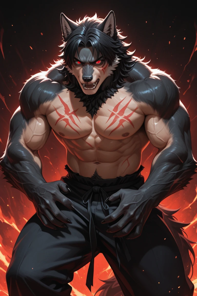 Pure blood Oni Werewolf male, Red and white fur body, Buffed Body, red long Horns,