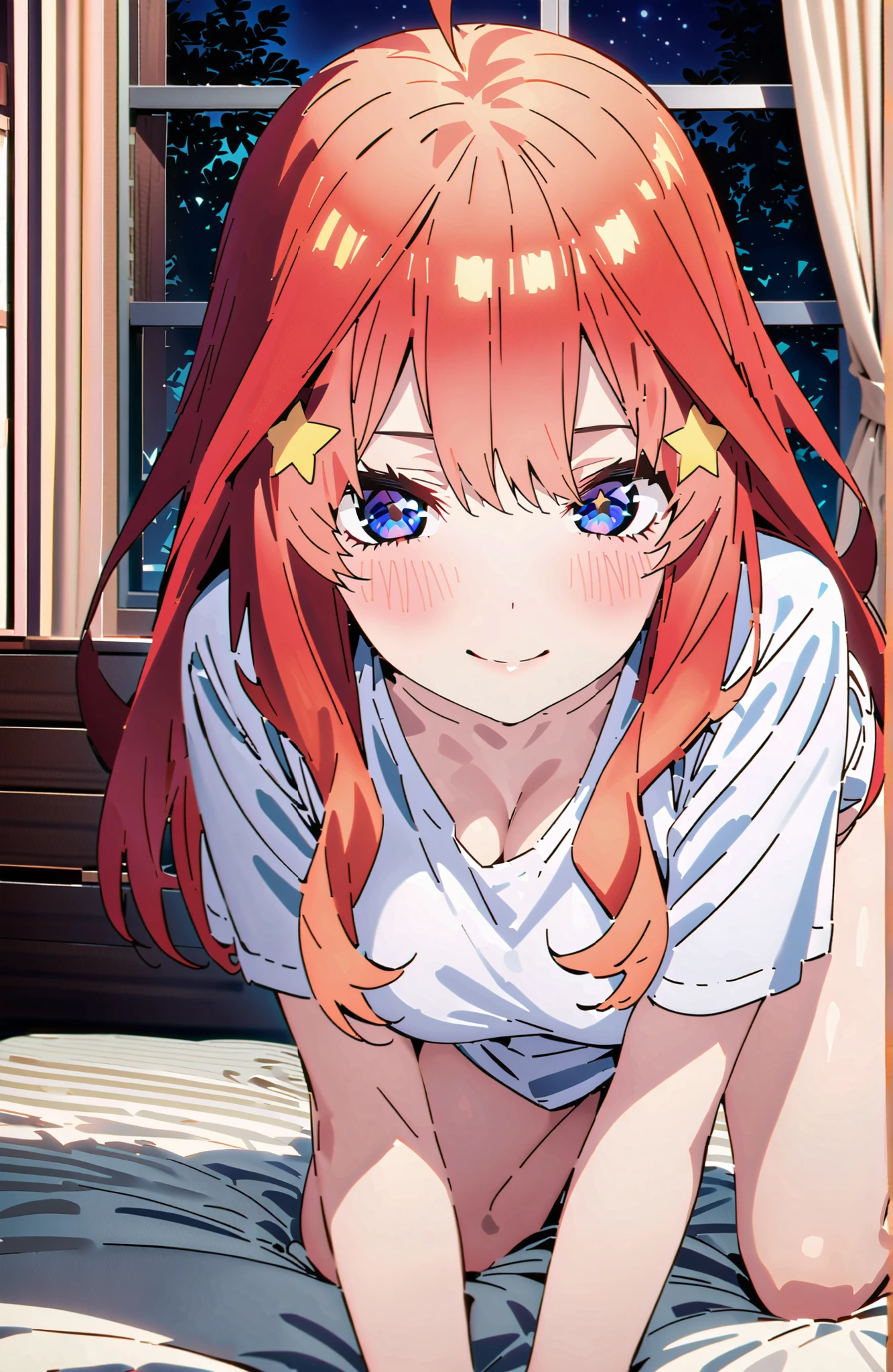 Nakano Mizuki , long hair, blue eyes, hair ornament, red hair,stupid hair, glass, star ( symbol ), semi-rimless eyewear, underrim eyewear, star hair ornament, Big Breasts,cleavage,oversized t-shirt,blouse,Bare legs,on the bed,on all fours,curtains,window,night,綺麗なnight景, Beautiful Streetscapes,moonlight,smile,blush,close your mouth,narrows her eyes,full bodyがイラストに入るように,break looking at viewer,full body,
break indoors,bedroom,
break (masterpiece:1.2), best quality, high resolution, Unity 8Kの壁紙, ( illustration :0.8), (beautiful detailed eyes:1.6), very detailed faces, perfect lighting, very detailed CG, (perfect hand in h, 完璧な解剖学),