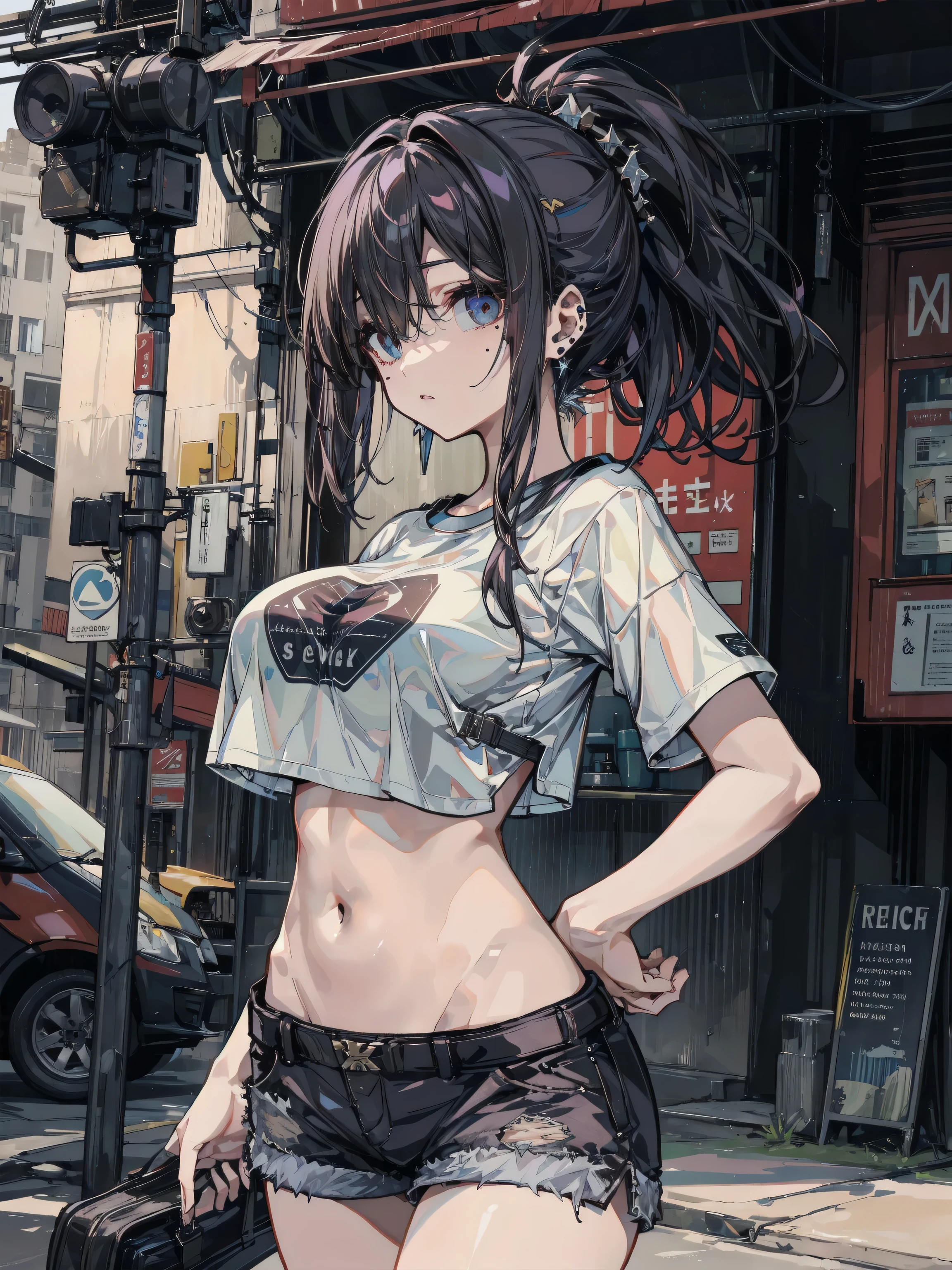 full body, solo, alone, delicate facial features, medium tits, medium hair, black hair, tearful mole, earring, shirt, navel, cleavage, street,