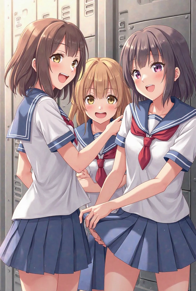 ((highest quality)), ((masterpiece)), (3 girls:1.5), Three cute girls are posing for the camera in a supermarket, (shirtを持ち上げる:1.3), (three people standing in a row), (Close-up shot from the waist up), (open your mouth and smile:1.3), ray tracing, ((topless)), (), , chest, hair band, head band, hair bobble, blouse, shirt, (high resolution face:1.5), (High definition finger 1.5), realistic, 4-yearars old, 6 y years old,((), Pussy, No an, Westerners, sair, brown blonde, (belly button), jewelry, looking at the viewer, necklace, long hair,rt hair, (abs),(written boundary depth),