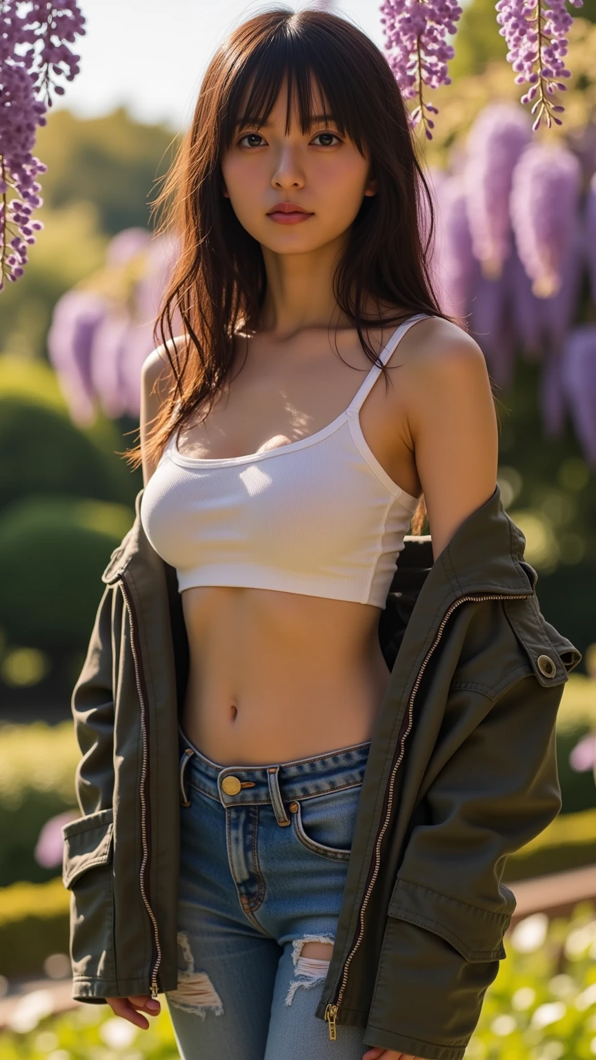 Portrait d'une femme rousse de 36 ans, Frenchwoman, Chest close-up, Disjointed cream-colored linen bustier, les mains dans les cheveux, Ultra-detailed skin texture, sexuality, seduction, regard amoureux, Slight smile, river, rochers, forest, soleil couchant, cinematic rendering, 32K, ...RAW, Canon EOS R5, Objectif 50mm, f/9