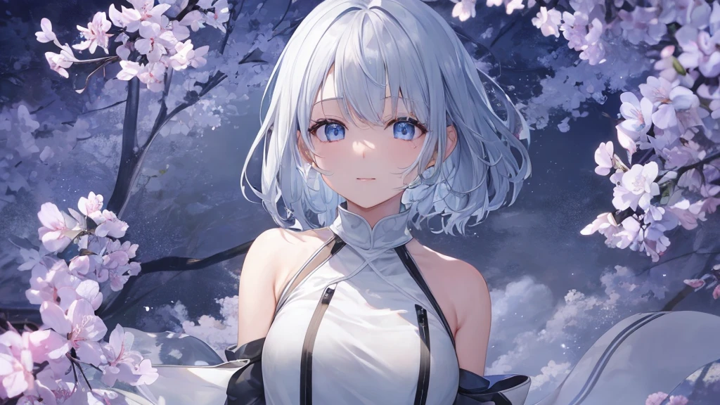 super high quality, with a girl, 20-year-old, very short hair, long bangs between the eyes, gray eyes , blue sky, sunlight, very detailed,(masterpiece、highest quality)、alone、gray hair、laughter、fantasy, silver hair, black eye, beautiful eyes,, ecstasy, charm, be smitten with audience, fantasyな風景、Princess、white clothes、wizard's hat、Cherry blossoms fall