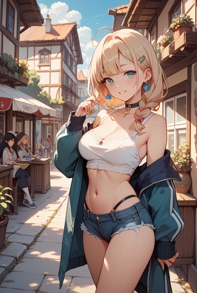 ((topless)), anime girl with long white hair and purple eyes posing in a hallway, restaurant door, night, sidewalk, lamp post, outdoors, seductive anime girl, small curvy , perfect white haired girl, attractive anime girl, beautiful anime girl, cute anime girl, girl with blonde hair, smooth anime cg art, pretty anime girl, anime style 4 k, anime best girl, anime girl, 4k anime wallpaper, denim shorts, large breasts, masterpiece, necklace, smiling, navel, leaning forward, hands on back, short hair, horse ear, horse tail, nipples, stomach, smartphone, erect nipples, people in background, cctoprov, cowboy hat, leather belt, nipple piercing, nipple chain