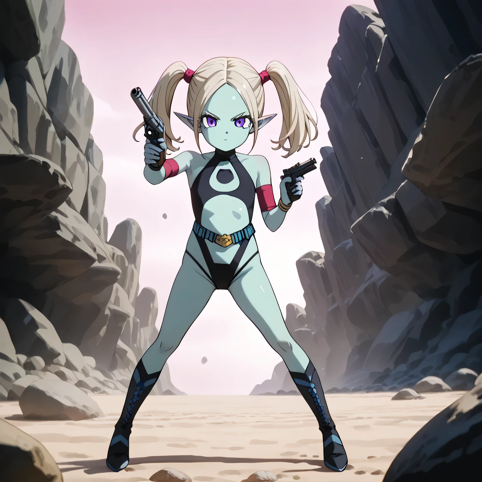 (((Masterpiece))), (((Best Quality))), ((Super Detail)), ultra-High resolution, score_9,score_8_up,score_7_up,score_6_up,score_5_up,score_4_up, BREAK, source_anime, anime screencap, uncensored, rating_explicit, Masterpiece, (best shadow), (absurdres), (detailed background), (very aesthetic), shiny, detailed beautiful eyes, outstanding, countershading, detailed soft lighting, an exquisite animation illustration, curvy, dark persona, empty eyes, expressionless, blank eyes, looking at viewer, full body, emotionless, Fighting Stance, horizontal pupils, (((black leotard, clothing cutout))), high heel boots, knee boots, circlet, armlet, bracelet, belt, halterneck, (((solo, 1girl))), hair ornament, seductive pose, submissive pose, small breast, flat breast, Panzy, colored skin, green skin, blue skin, pointy ears, white hair, twin tails, purple eyes, blonde hair, long hair, (((holding gun, gun, aimming, aim at viewer, shooting at viewer))), sand background, rock background, pink sky, serious expession