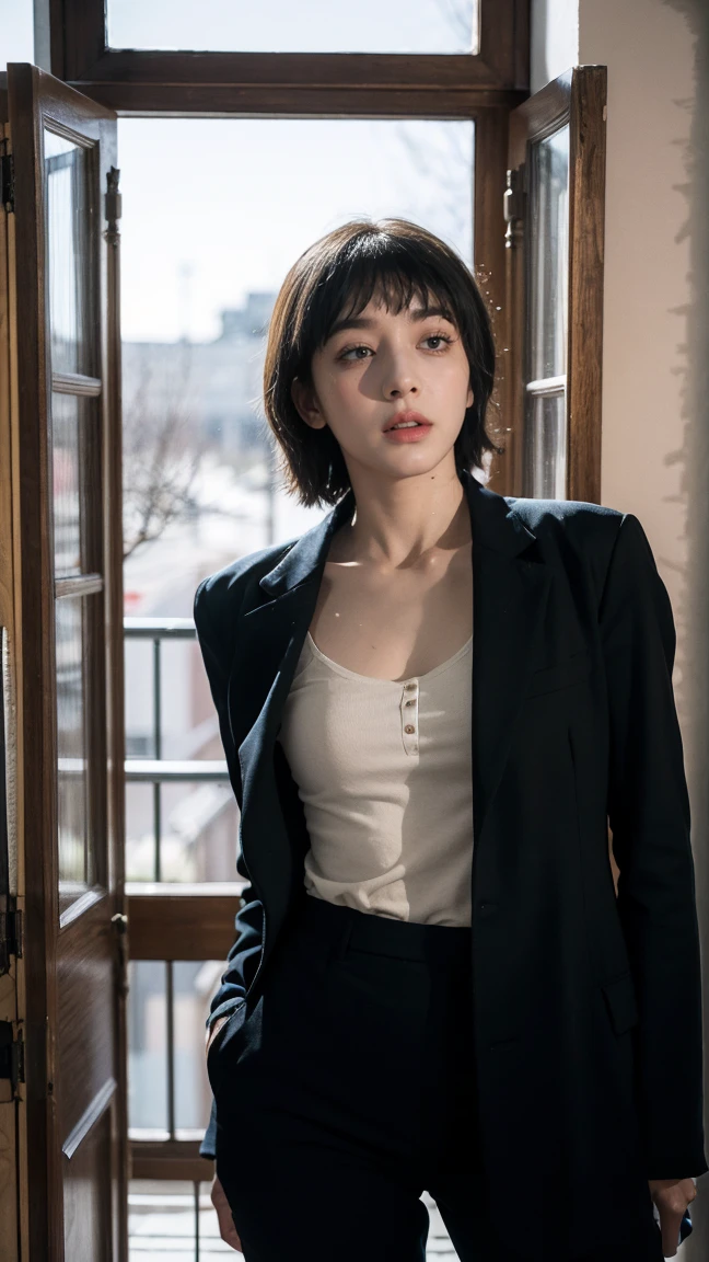 (masterpiece:1.2, best quality:1.2, extremely delicate:1.2), ((Alexandra Daddario:1.2)), a women with short sandy brown hair, long side-parted bangs, a melancholic gaze, a troubled expression, pale skin, a fantasy-style gray trench coat with a large collar, under which lies leather chest armor, a black belt, worn-out yellowish shoulder pads and wrist guards, utility trousers, the backdrop of a mountain wilderness at night, this character embodies a finely crafted fantasy-style adventurer, exquisite photography, Photo realism, photorealistic, goddess, pale skin, perfect skin, textured skin, detailed skin, porcelain skin, dramatic, high definition, highres, ultra-detailed, ultra-fine painting, professional, perfect body proportions, golden ratio, anatomically correct, symmetrical face, perfect eyes, extremely detailed eyes and face, high quality eyes, creativity, RAW photo, UHD, 32k, Natural light, cinematic lighting, (masterpiece-anatomy-perfect:1.2)