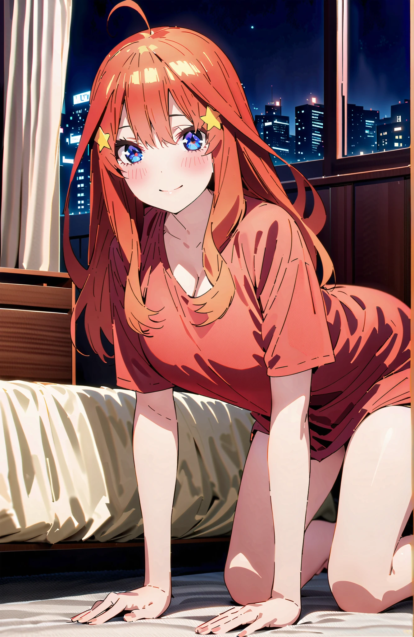 Nakano Mizuki , long hair, blue eyes, hair ornament, red hair,stupid hair, glass, star ( symbol ), semi-rimless eyewear, underrim eyewear, star hair ornament, Big Breasts,cleavage,oversized t-shirt,blouse,Bare legs,on the bed,on all fours,curtains,window,night,綺麗なnight景, Beautiful Streetscapes,moonlight,smile,blush,close your mouth,narrows her eyes,full bodyがイラストに入るように,break looking at viewer,full body,
break indoors,bedroom,
break (masterpiece:1.2), best quality, high resolution, Unity 8Kの壁紙, ( illustration :0.8), (beautiful detailed eyes:1.6), very detailed faces, perfect lighting, very detailed CG, (perfect hand in h, 完璧な解剖学),