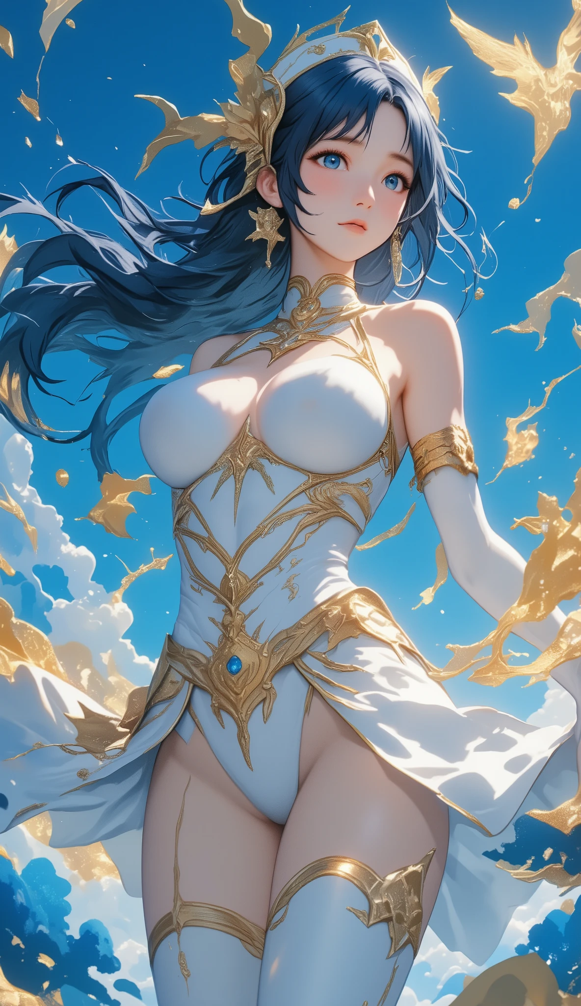 (Need)), ((tmasterpiece)), (A detailed),rainbowing,Blue sky and white cloud background,Detail rainbow,Blue sky rainbow,ethereal rainbows,Simple composition,anatomy correct,Surreal dreams,Surrealist art fantasy style,Epic digital fantasy art style