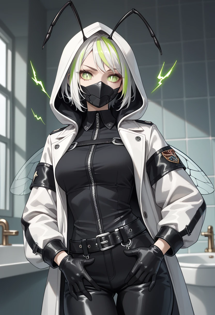 Girl, wearing a hood, neon color, holding a weapon, machine, white background, no background,