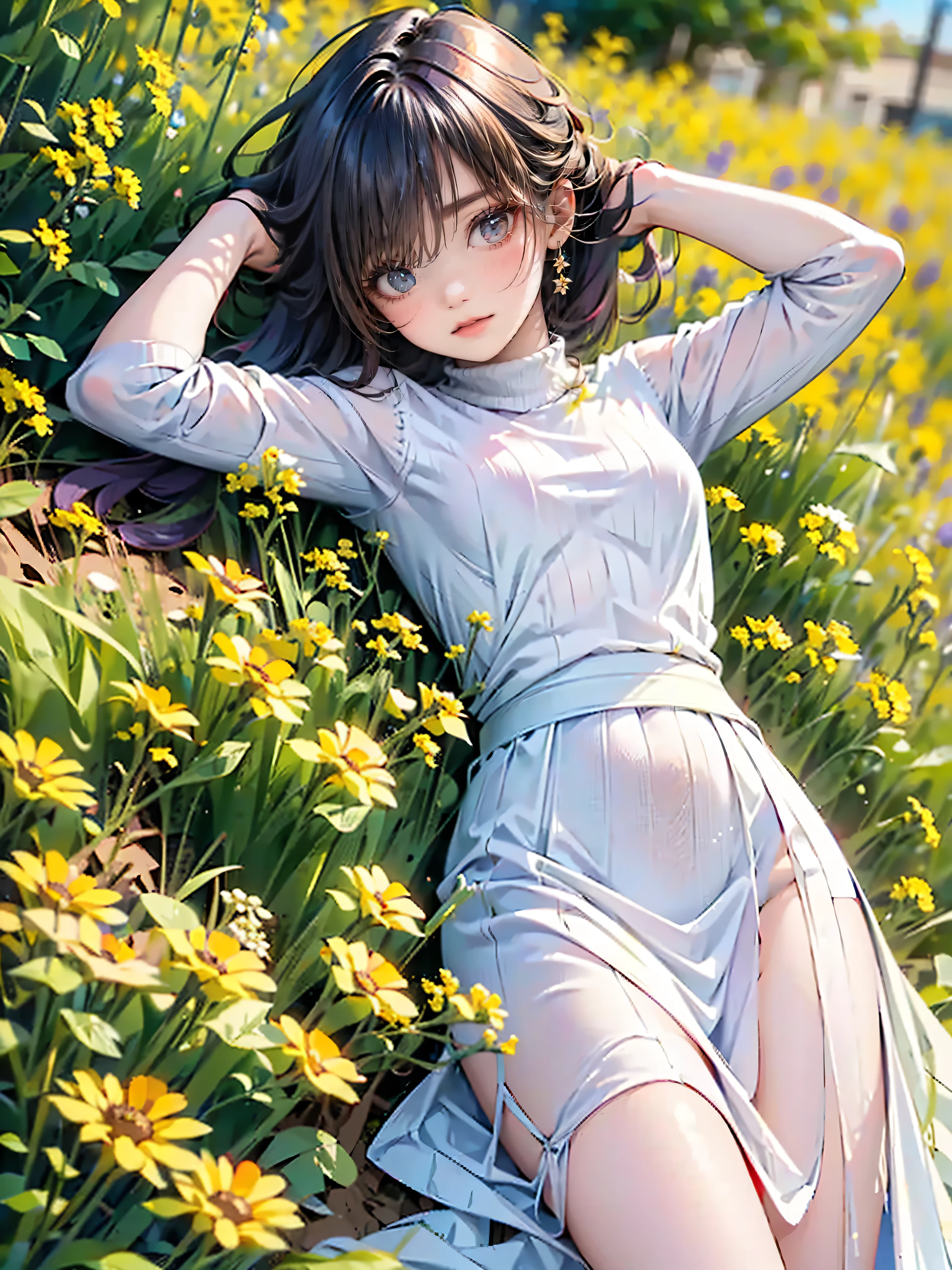 parfect anatomy、one girls、Very delicate and beautiful woman、short-hair、lying in a beautiful flower field、Lying on your back、robe blanche、artistic、top-quality、ultra-detailliert、masuter piece、8k、Captured from above、Professional Photographer、50mmlens