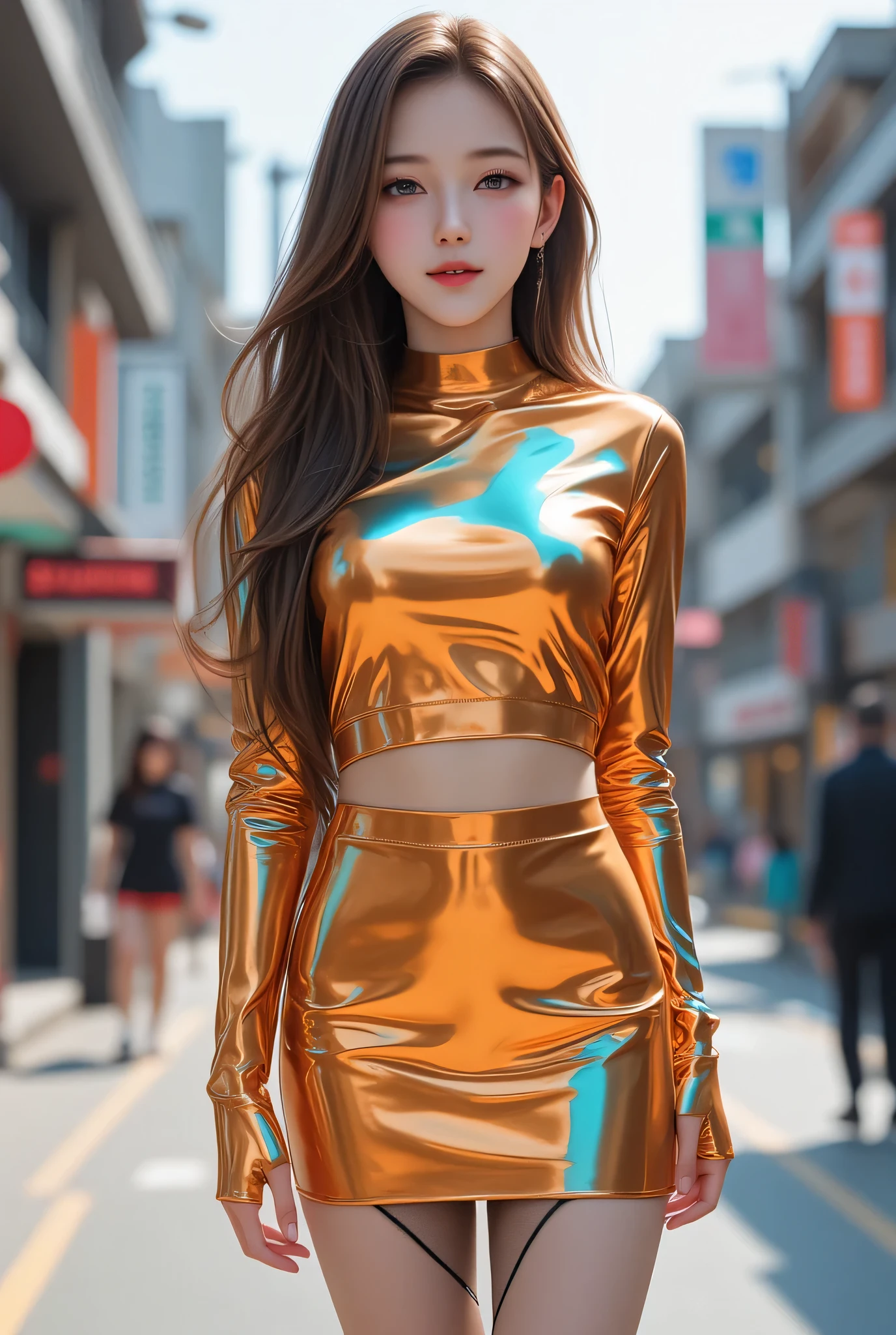 (super cute young face:1.1),(sparkling clear attractive large glowing eyes:1.1), (japanese idol face:1.1),very beautiful cute girl,(baby face:1.2),(thirteen years old:1.2),exquisite smooth and silky long brown straight hair,fair skin,(happy cheerful smile),professional portrait,
(lower body Super Shiny metallic orange tight mini skirt:1),
(upper body Super shiny metallic turquoise fashionable long sleeves fashionable shirt :1.5)
narrow waist,in the street,(costume with very smooth and mirror-like strong reflective surfaces:1.1),break (black very large fishnets pantyhorse:1.5),beautiful knees,professional body shot including legs,from below ,low angle