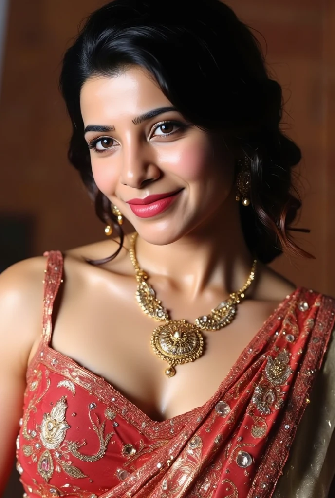 night scene, extreme close up photo of naked albh, curvy, hourglass figure, swooping breasts, deep cleavage, standing in temple in ugadi celebrations, French braid hair, necklace, blue lace dress, sultry, seductive eyes, red lips, look at viewer and smile, (cinematic:1.3), intricate details, (ArtStation:1.2)
