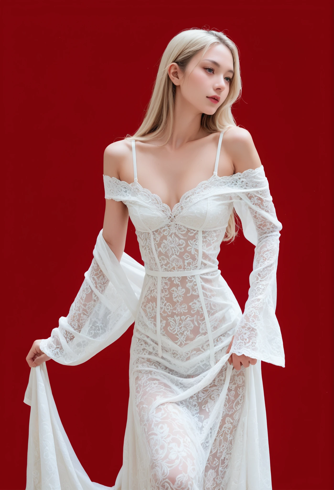 red background,1 Girl,alone,,ruanyi0764,Long skirt,long sleeve,Off Shoulder,Vulnerabilities,lace dress,slim fit dress,Transparent,Very Good, no underwear ,blond,very long hair,bend over, Fraction_9,Fraction_8_up,Fraction_7_up,, 8,000,1 Girl,alone,
