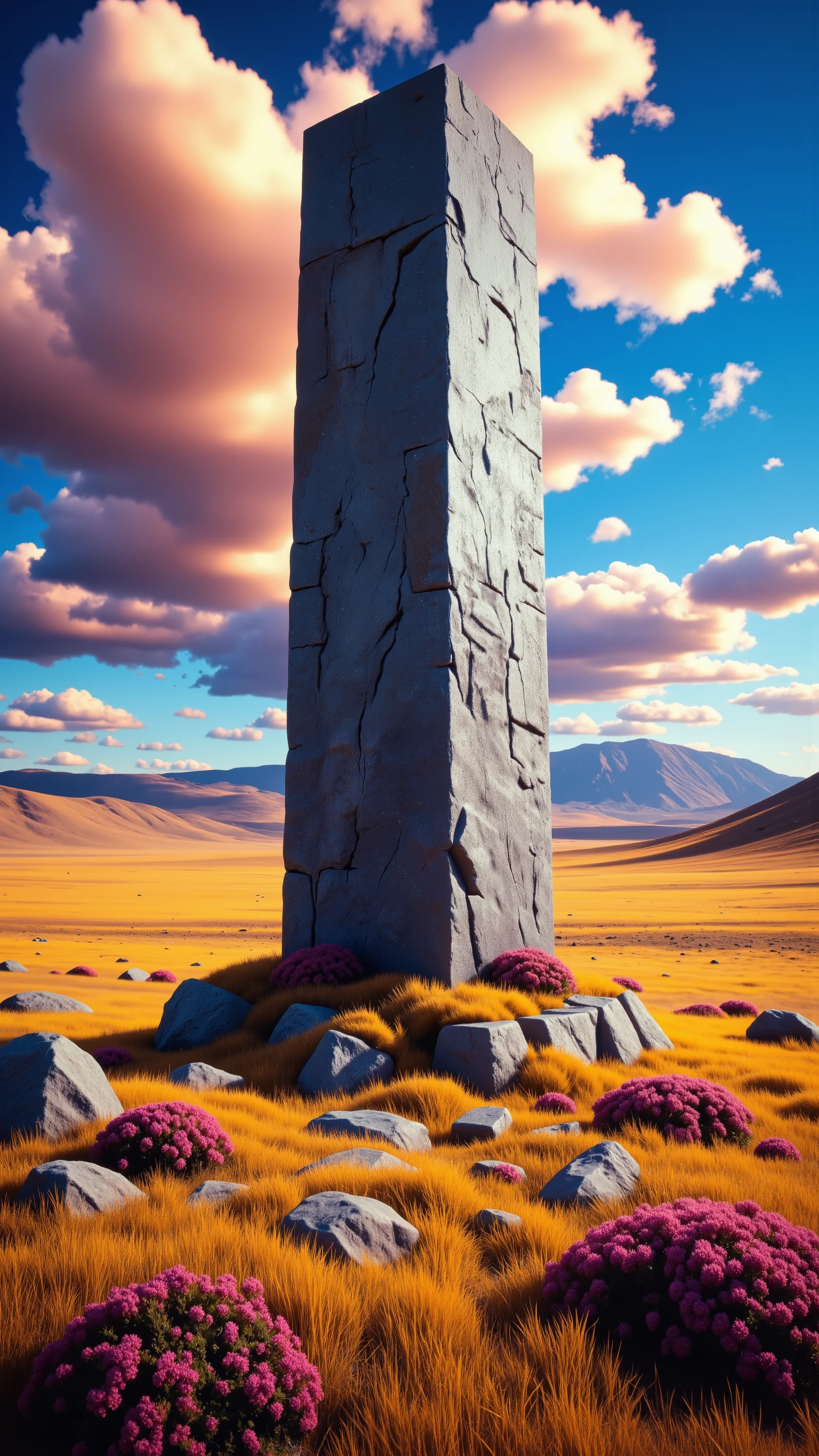 I'm imagining、What I'm imagining is、A Masterpiece of Chilean Plateau Scenery、vivid colors、An Intense Style of Spectacular Dramatic Expression、The plains expand、Flowers Blooming at the Limits of the Forest、One Large Megalithic Object(モノリス)、A gentle flower、PREMIUM QUALITY ENVIRONMENT、Shandana Scenery。