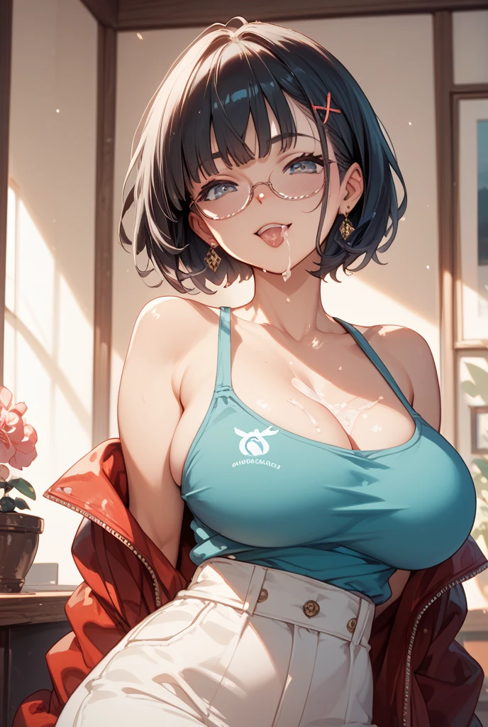 1 girl, mature woman, Older, gigantic breastss, milf, motherly, thick-thighs, fatter, Describe precise shapes, beautiful face, expressive eyes, clavicle, lips, slickedback hair, shorth hair, Bblack hair, eyes black, round glasses, beige sweater, sleeveless, neckleace, pants, standing alone, close up, standing alone, sitting down, sofa, Inside the house, looking ahead at viewer, seducing smile