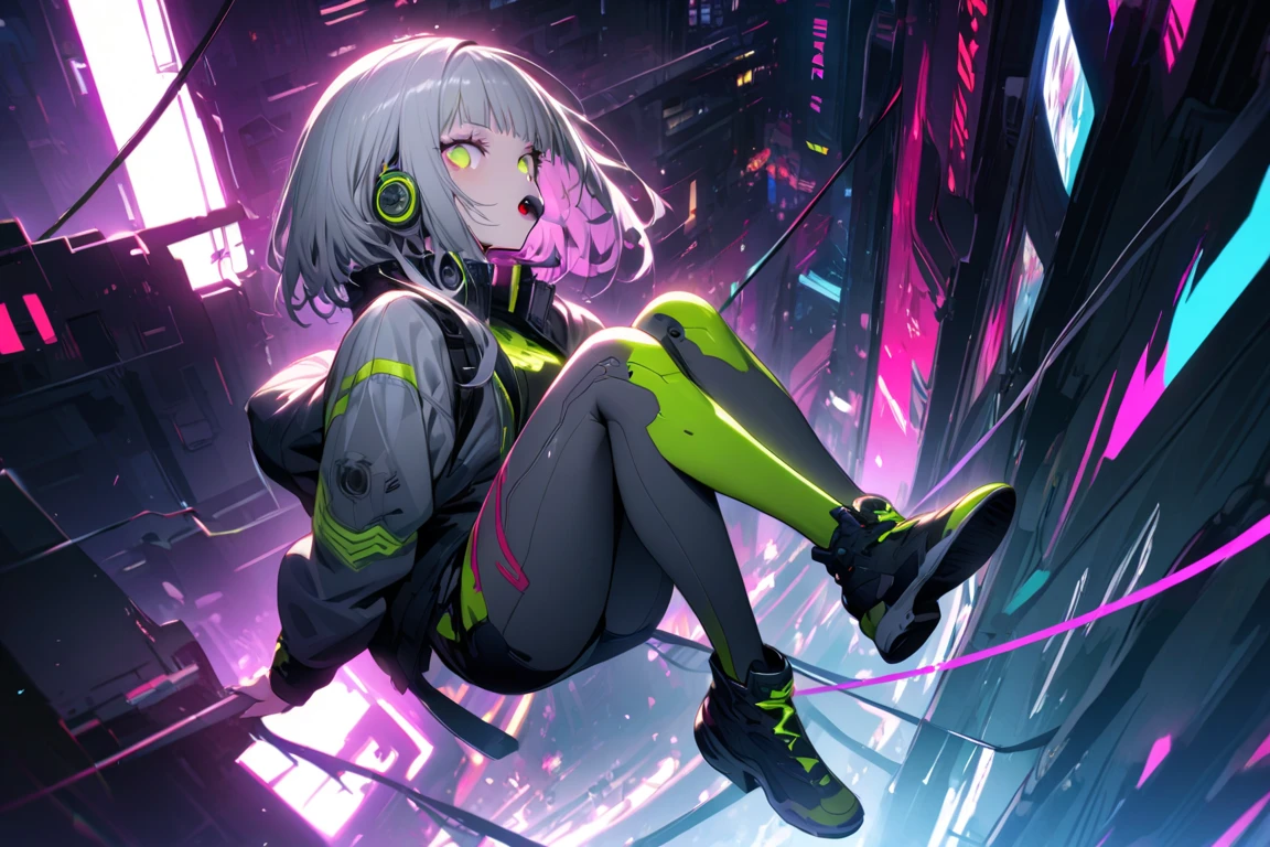 highest quality、masterpiece、night、Headphones、cyber punk、Cyber City、One Girl、Sitting on high ground、Mid Shot、High Position