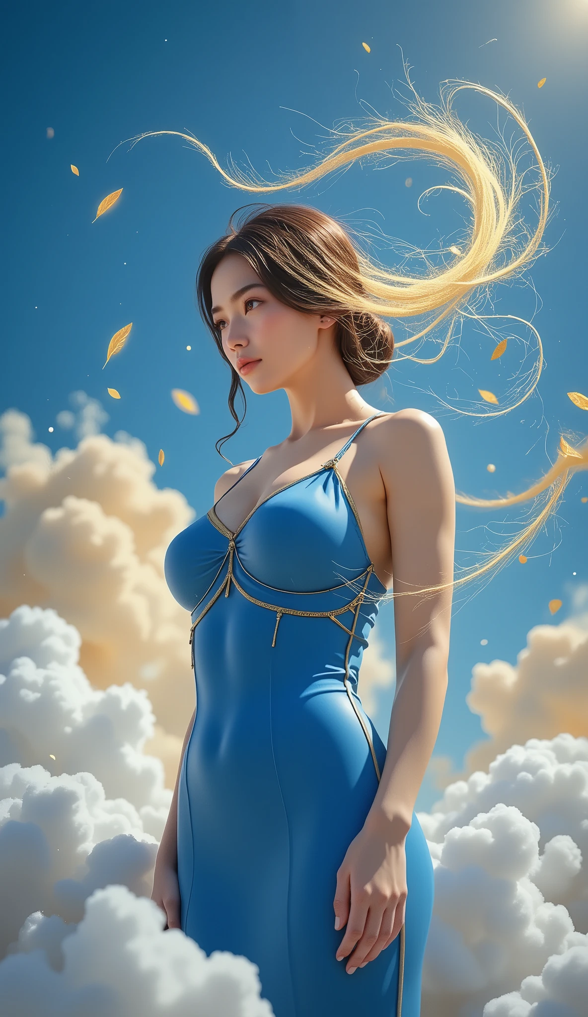 (((double blue and gold create the strongest visual art with just only these 2 colors))), , score_9, score_8_up, score_7_up, 20 years old, 8k,  high definiTion ,  beauTiful girl,  nudity of busty girl, goddess of war, blue background and golden clouds .  beautiful minimal image 