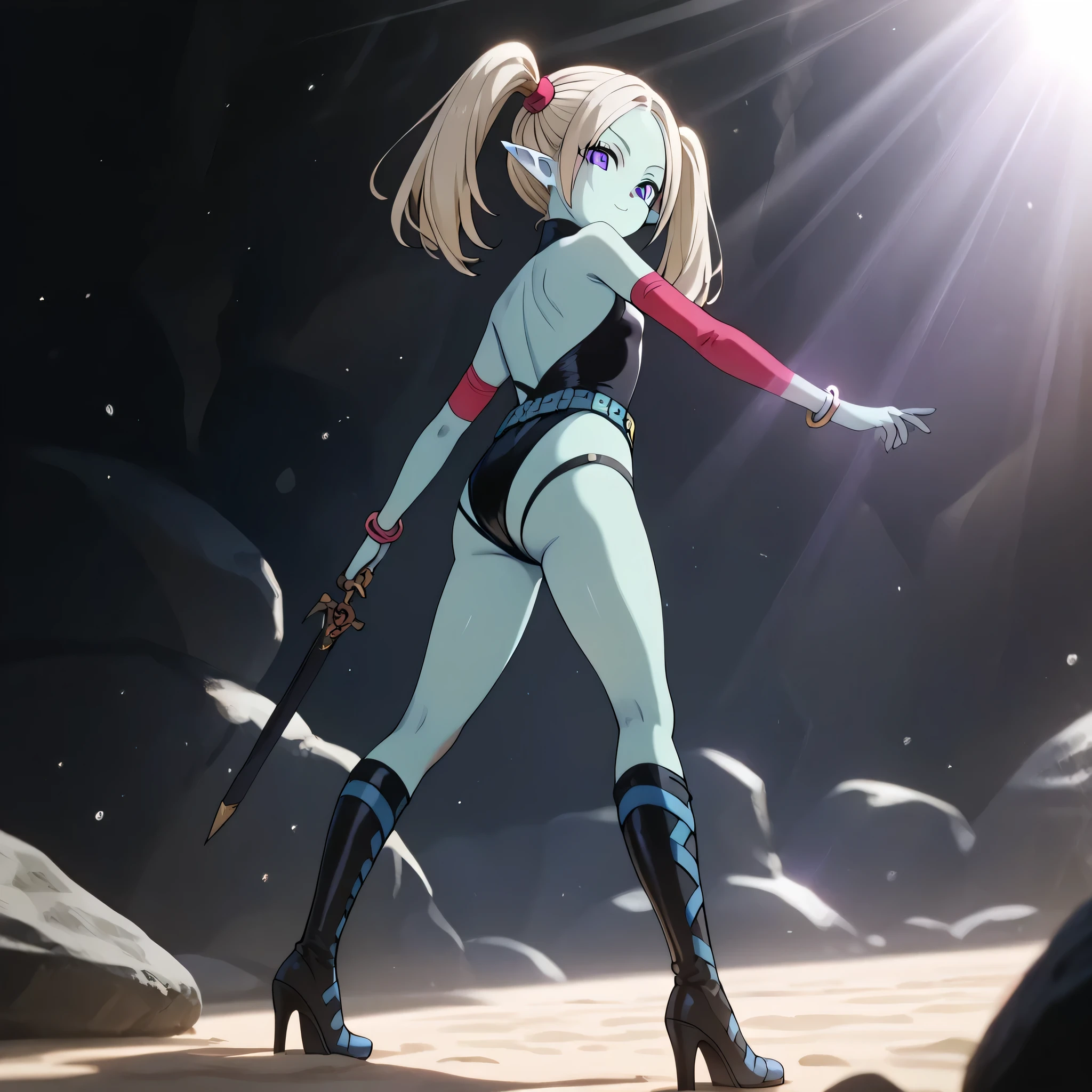 (((Masterpiece))), (((Best Quality))), ((Super Detail)), ultra-High resolution, score_9,score_8_up,score_7_up,score_6_up,score_5_up,score_4_up, BREAK, source_anime, anime screencap, uncensored, rating_explicit, Masterpiece, (best shadow), (absurdres), (detailed background), (very aesthetic), shiny, detailed beautiful eyes, outstanding, countershading, detailed soft lighting, an exquisite animation illustration, curvy, dark persona, empty eyes, expressionless, blank eyes, looking at viewer, full body, emotionless, Fighting Stance, horizontal pupils, (((black leotard, clothing cutout))), high heel boots, knee boots, circlet, armlet, bracelet, belt, halterneck, (((solo, 1girl))), hair ornament, seductive pose, submissive pose, small breast, flat breast, Panzy, colored skin, green skin, blue skin, pointy ears, white hair, twin tails, purple eyes, blonde hair, long hair, smile, looking from side, view from side, from side, sand background, rock background, pink sky, ass, looknig from back, view from back, from back, from behind, from below, looking from below, view from below, hand on ass, official style, dappled sunlight, light particles, light rays, panzy, standing, standing still, standing at attention
