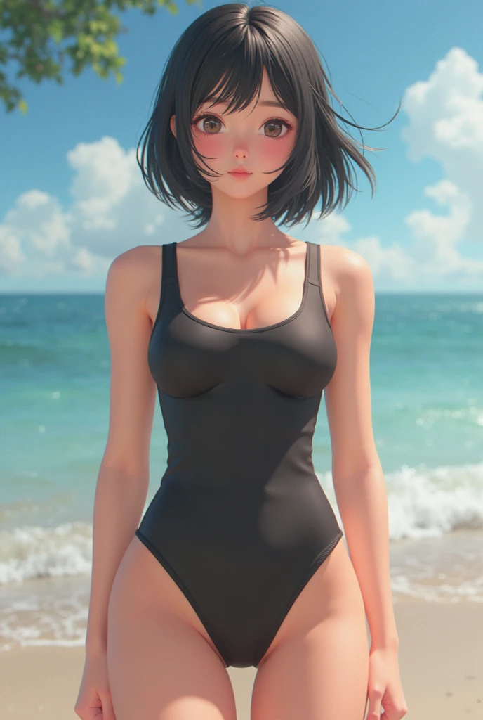 (masterpiece:1.2, Highest quality), (Realistic photos), Beautiful illustrations, (Natural side lighting, Cinema lighting),High detail、1 person, Japanese、20-year-old female, Perfect Face, Symmetrical cute face, Glowing Skin, (Black short bob), Dark blue eyes, (Huge breasts:1.1), Slender build, Flowing bangs、Beautiful Hair, Beautiful Face, Fine and beautiful eyes, Beautiful body, Beautiful breasts, (Navy blue school swimsuit),A shy look、Blushing、stand、Beach、Ocean、blue sky、My whole body is wet