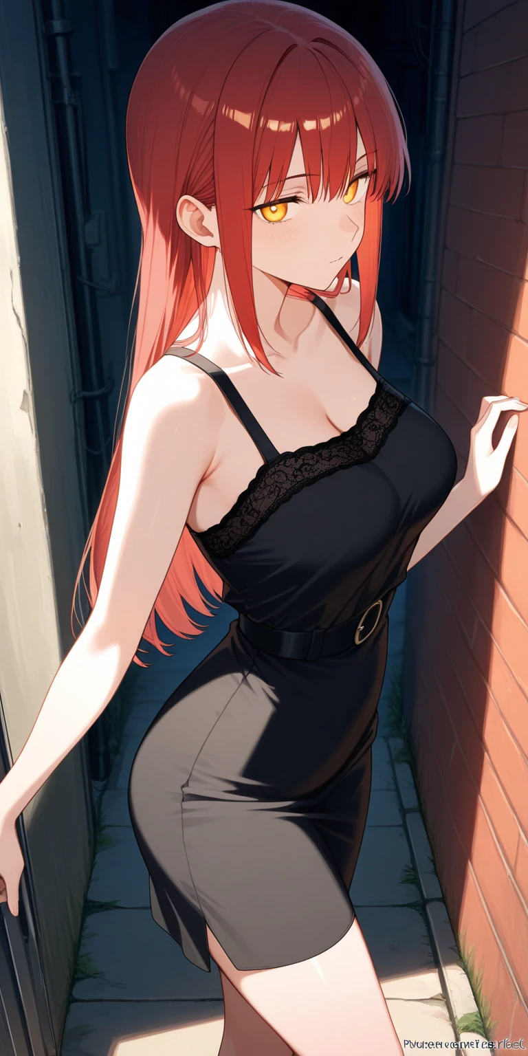 BREAK looking at viewer, BREAK outdoors, BREAK (masterpiece:1.2), best quality, high resolution, unity 8k wallpaper, (illustration:0.8), (beautiful detailed eyes:1.6), extremely detailed face, perfect lighting, extremely detailed CG, (perfect hands, perfect anatomy),makima, long hair, smile, bangs, (medium breasts:1.2), (yellow eyes:1.2),city,street,wet road,night, braid, red hair, braided ponytail, ringed eyes,japanese dress,black dress,neckline,cleavege,skinny fit,medium breasts,lace bra, necklace,showing panties,lace panties, upskirt,stockings,
