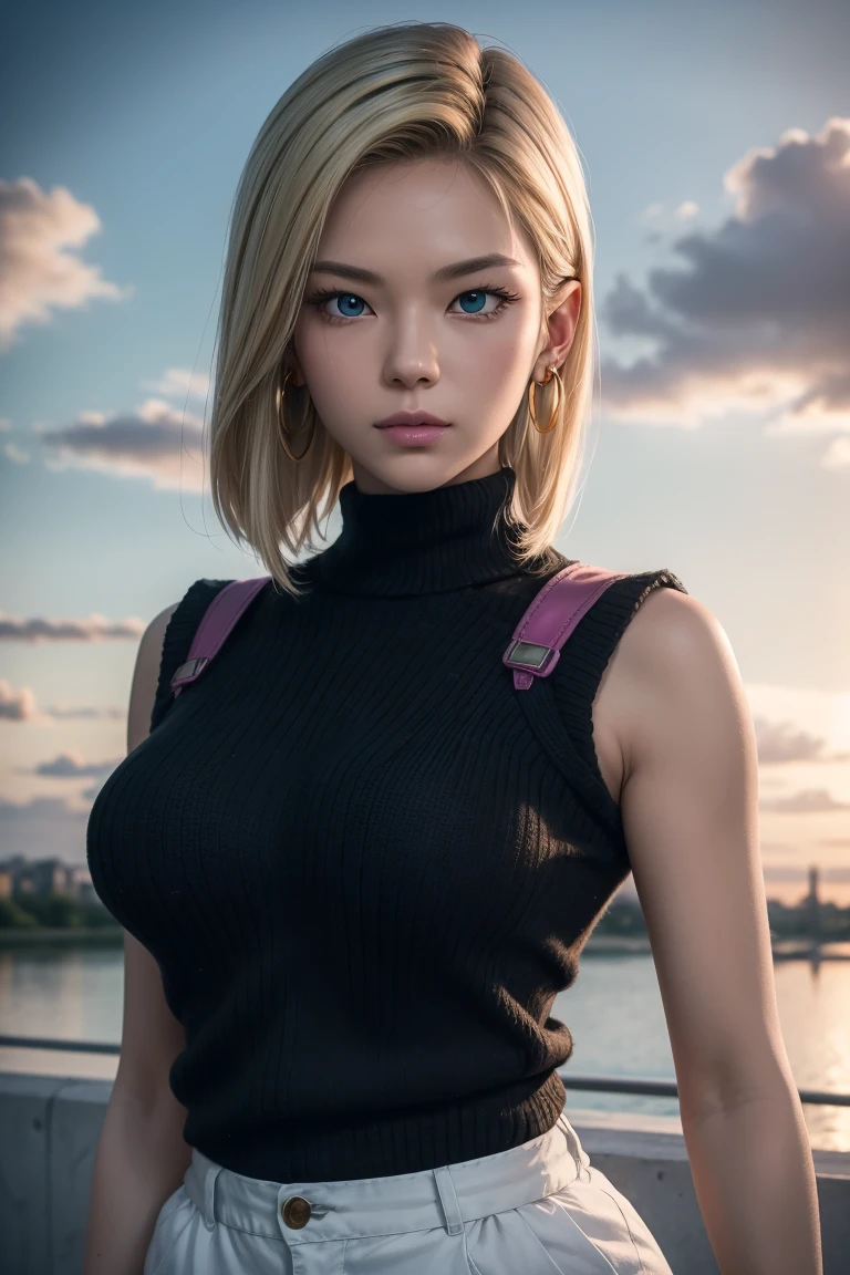 best quality, high resolution, and 18, 1 Girl, android 18, Solitary, Blonde Hair, blue eyes, belt, 牛仔Collar, Handcuffs, White shirt, short hair, Short sleeve, earrings, Blue leggings, Open vest, Black vest, Large Breasts, Cowboy shooting, In the cell, Showing breasts,Collar,