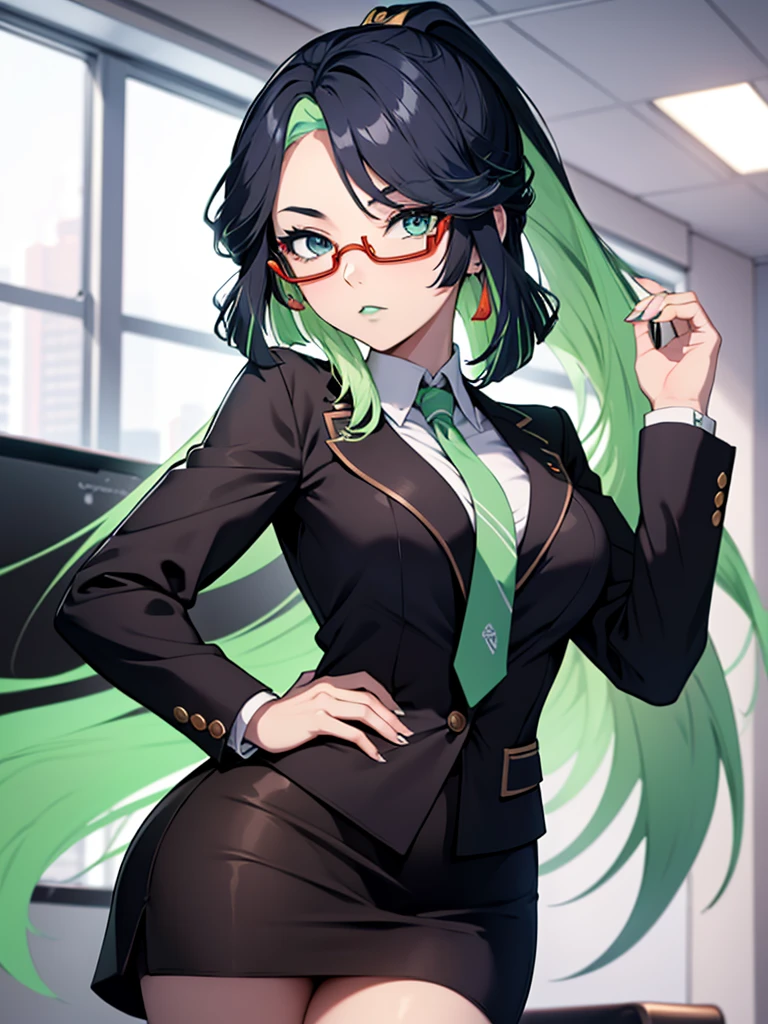 Green hair, long hair, black shirt, black pants, tall, woman, black, white striped hair, white lab coat, medium chest, covered chest, earrings, necklace, glasses, uniform, professional