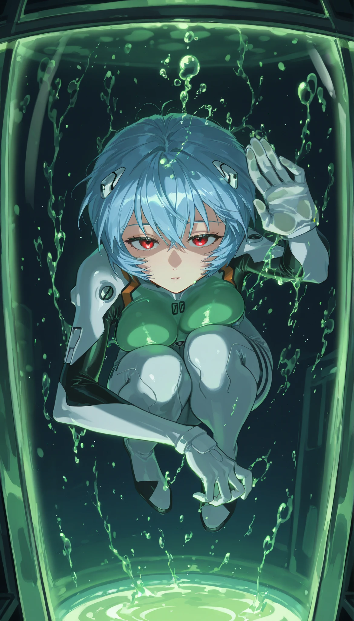 Ayanami Rei, eyes half closed,shaded room, night,Inside a giant hatching tank, Floating, Underwater, translucent greenish liquids, Bubbles, Hand on glass, ojos rojos, (facial focus, face in the foreground, Launch , portrait, in front),looking through with curiosity of the aquarium glass. Her right hand rests on the glass, while her left hand hangs relaxed at her side. Their posture causes their breasts, big and bulky, to press against the glass , they are slightly deformed by the contact,cuerpo completo,Fetal position