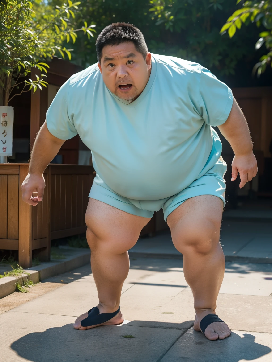 chubby man (jinbei) in street, blue skin, muscular, pectoral, wide pectoral, beach, palm, realistic, 8k, masterpiece, (wearing shorts and black tank top, ) bare foot showing his feet