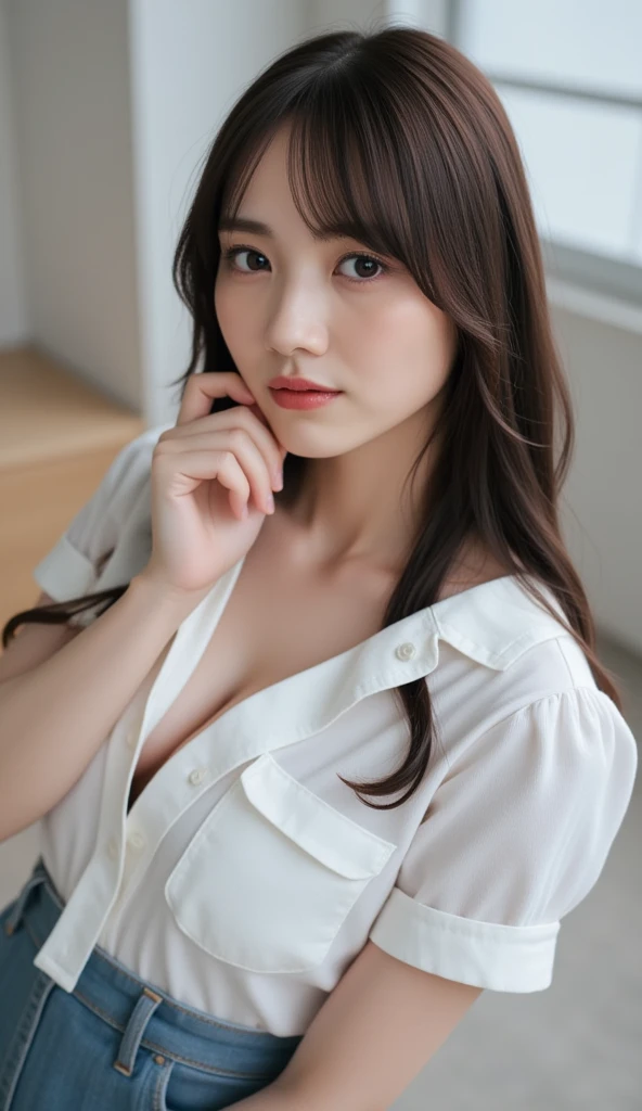 (RAW Photos), (Realistic), (masterpiece), (highest quality), High resolution, 8k, (Intricate details), (Volumetric Light), Portraiture, woman, Age 25, Medium Hair, Straight hair, Layered Hair, Brown Hair, Very beautiful eyes, Source order, Very thin eyebrows, Very fine skin, Very beautiful mouth, Very nice nose, Cute like an idol,Small cleavage、smile, (Thick lips), (Looking at the audience), (Collared dress shirt), Above the knee shot,Slim figure、