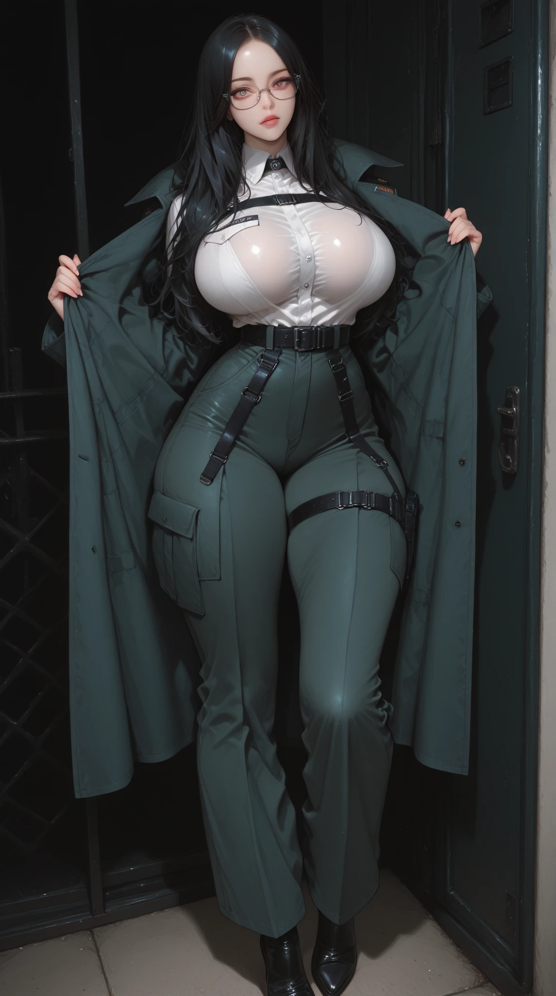 Hinata Hyuga, ((long hair)), white eyes, masterpiece, narrow waist, huge breast, blush, official art, in the forest, detail eyes, cg, smile, (((she wears very tight body suit))), standing, (((show cameltoe))), nipples, (((gloves))). (((all in black))), mature body, masterpiece, best quality, ultra-detailed, ultra high res, (photorealistic:1.4), raw photo, (realistic:0.2), CG, {4k|8k} HDR, perfect lighting, 1girl, solo, looking at viewer, asymmetrical wavy long hair, (full body:1.2), ((standing full body))