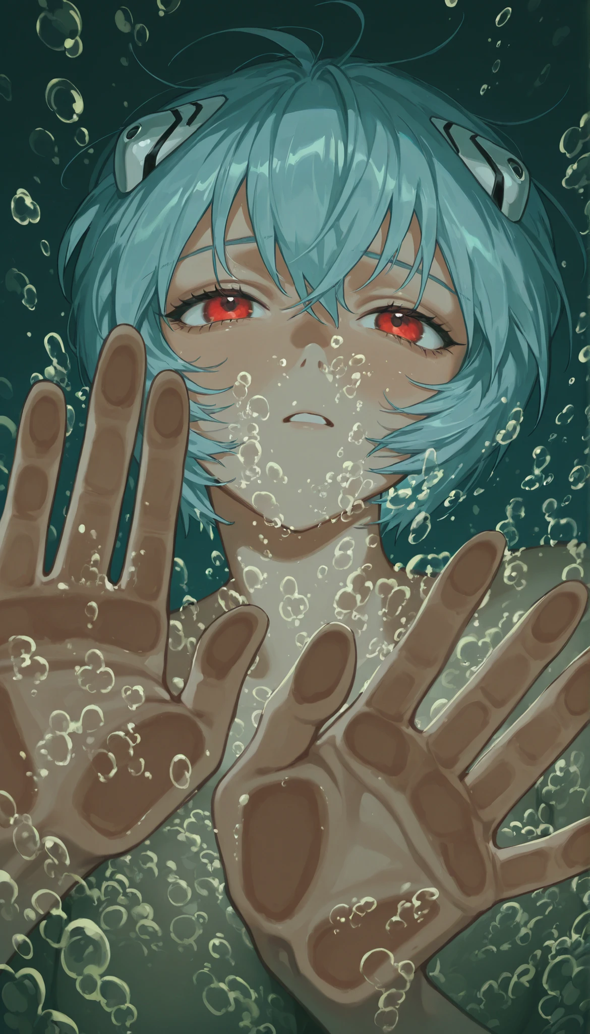 Ayanami Rei, eyes half closed,shaded room, night,Inside a giant hatching tank, Floating, Underwater, translucent greenish liquids, Bubbles, Hand on glass, ojos rojos, (facial focus, face in the foreground, Launch , portrait, in front),looking through with curiosity of the aquarium glass. Her right hand rests on the glass, while her left hand hangs relaxed at her side. Their posture causes their breasts, big and bulky, to press against the glass , they are slightly deformed by the contact,full body,Fetal position ,rested ,calm, sad
