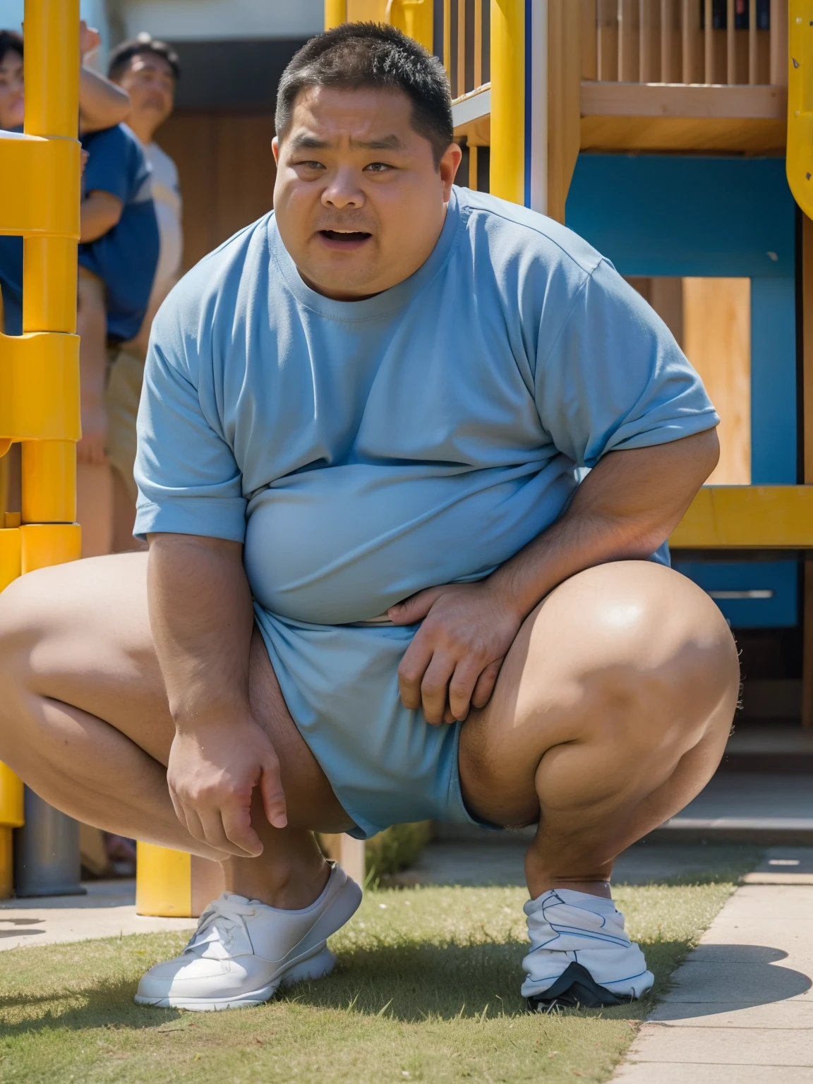 Thick Japan middle-aged man in his 50s, 1man, retarded, Human, Dwarfism, He wears a Light blue Hotpants, Bare thighs, ((peeing self, wetting self, pee stains,)), ((trembling, fear expression, scared, looking at viewer)), kindergarten background, It's a sunny day, Incontinence, He stand and cried in playground, Full body, a picture, 8k, high detail photo, Masterpiece,
