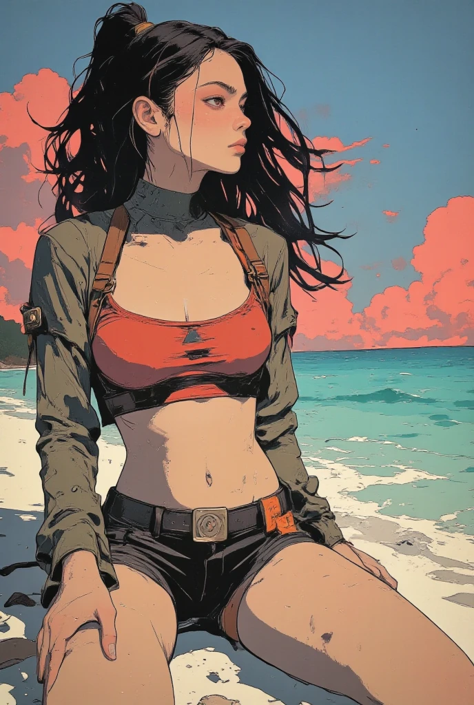 nvinkpunk, (((surfer girl at beach at sunset))), masterpiece, best quality, ((detailed face)), ((award winning)), (High Detail), Sharp, 8k, trending on artstation, intricate