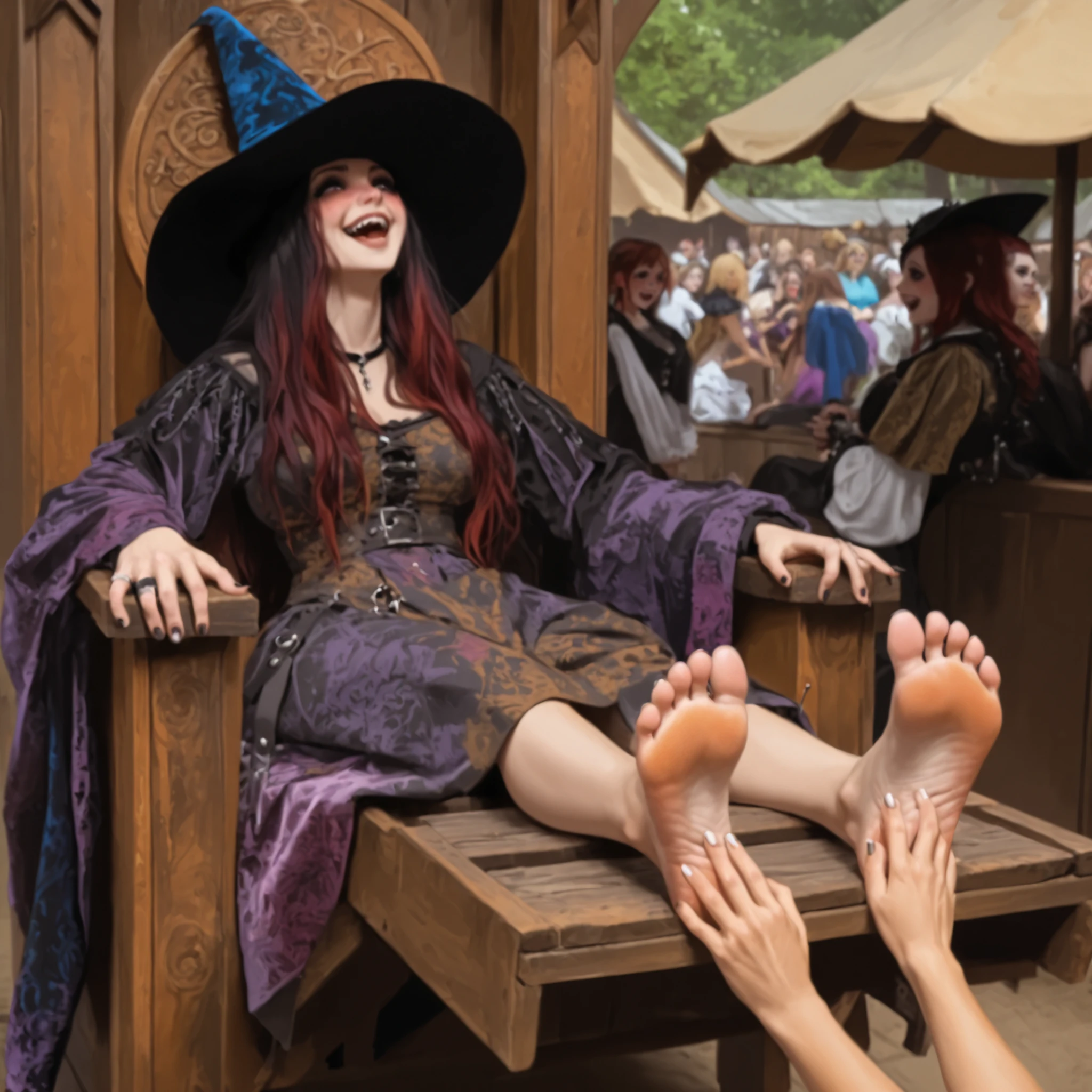 Woman seated inside wooden stockade, ankles bound, barefoot, having her soles itched by hands, (goth woman hands), (the goth woman is holding metal ticklers), laughter, blushing, scratching the girls soles