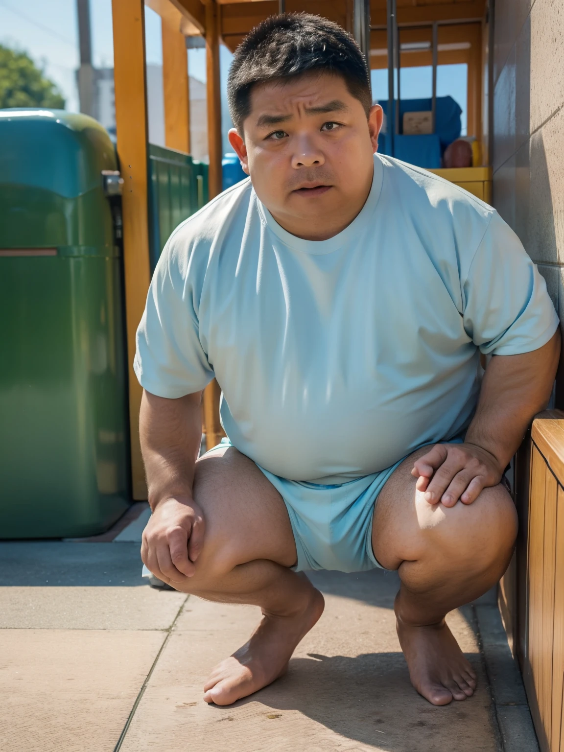 Thick Japan middle-aged man in his 50s, 1man, retarded, Human, Dwarfism, He wears a Light blue Hotpants, Bare thighs, ((peeing self, wetting self, pee stains,)), ((trembling, fear expression, scared, looking at viewer)), kindergarten background, It's a sunny day, Incontinence, He stand and cried in playground, Full body, a picture, 8k, high detail photo, Masterpiece,