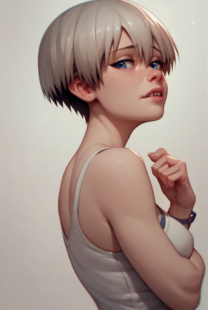 (Cute tween fashion model:1.5), close up, bust focus, natural light, tomboy, skinny, thin, slim, lean, slender, nubile, posing for picture, very short hair, blonde hair, blueeyes, natural lighting, armpits, thin waist, thin hips, perfect lips, fat lower lip, young, youthful, teen, teenager, busty teen, huge breasts, grey background, tight crop top, tiny shorts, no_bra