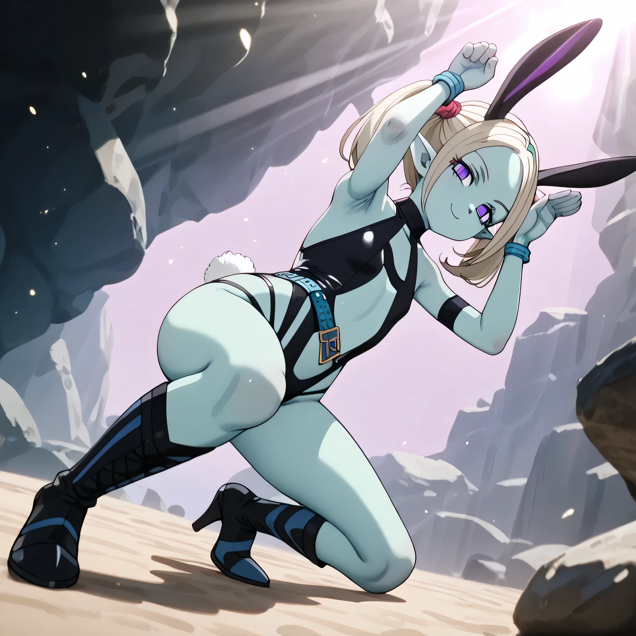 (((Masterpiece))), (((Best Quality))), ((Super Detail)), ultra-High resolution, score_9,score_8_up,score_7_up,score_6_up,score_5_up,score_4_up, BREAK, source_anime, anime screencap, uncensored, rating_explicit, Masterpiece, (best shadow), (absurdres), (detailed background), (very aesthetic), shiny, detailed beautiful eyes, outstanding, countershading, detailed soft lighting, an exquisite animation illustration, curvy, dark persona, empty eyes, expressionless, blank eyes, looking at viewer, full body, emotionless, Fighting Stance, horizontal pupils, (((black leotard, clothing cutout))), high heel boots, knee boots, circlet, armlet, bracelet, belt, halterneck, (((solo, 1girl))), hair ornament, seductive pose, submissive pose, small breast, flat breast, Panzy, colored skin, green skin, blue skin, pointy ears, white hair, twin tails, purple eyes, blonde hair, long hair, smile, looking from side, view from side, from side, sand background, rock background, pink sky, from below, looking from below, view from below, hand on ass, official style, dappled sunlight, light particles, light rays, panzy, crawl, crawling, all fours, (((rabbit pose))),