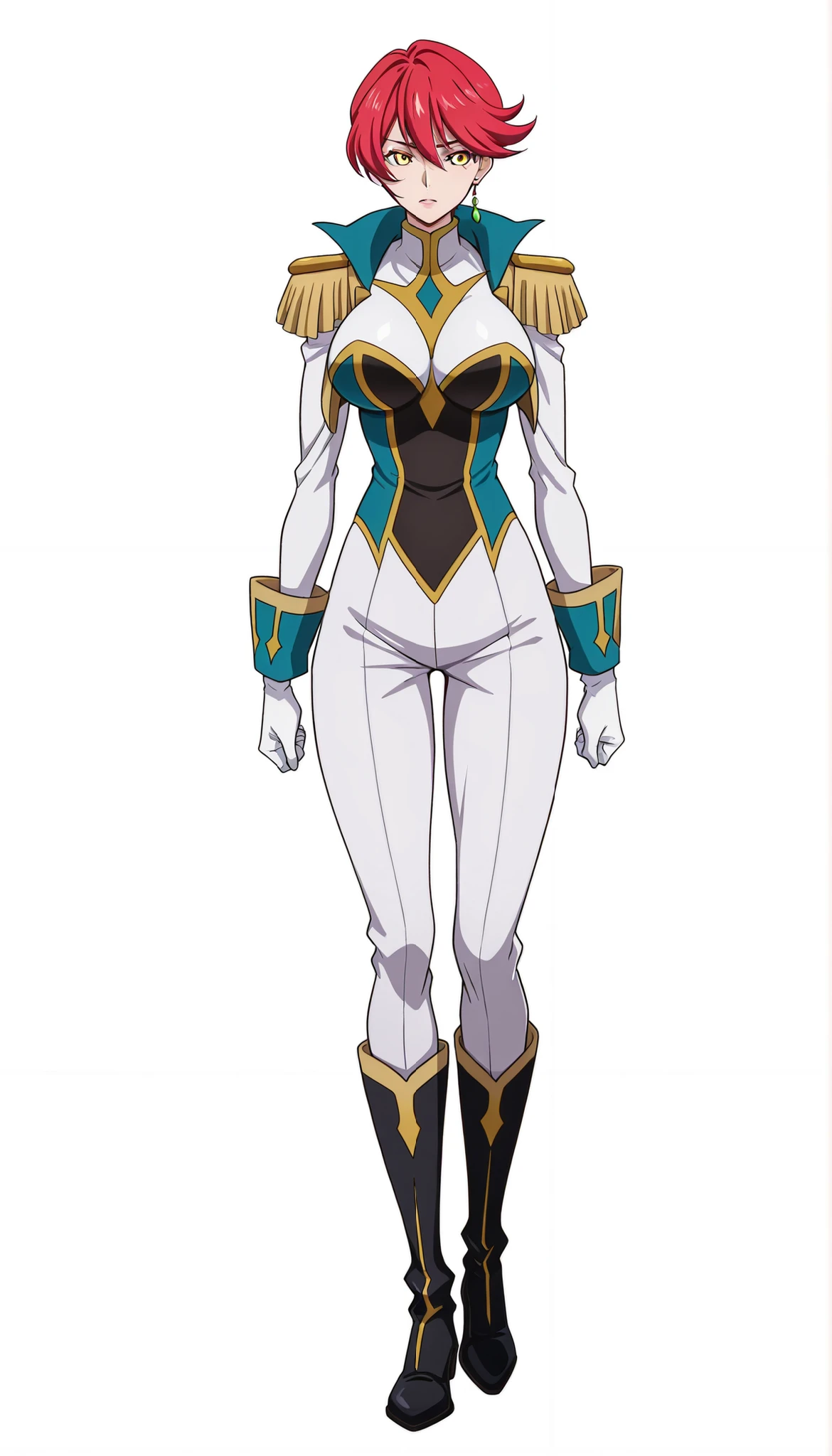 narah_pilotsuit,narah vaughn,1girl,solo,red hair, vaughn,solo,gloves,epaulettes,1girl,boots,red hair,short hair,white background,white gloves,black footwear,yellow eyes,pants, castle background,white pants,full body,,large breasts,mature female,MILF, standing 