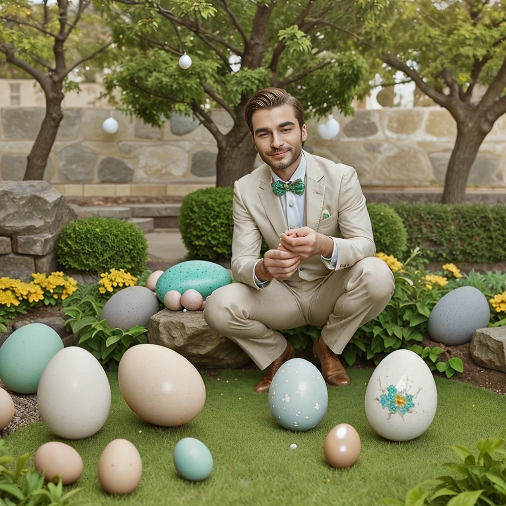Craft an enchanting Easter fantasy scene featuring a young and handsome model reclining in a lush grassy field. He wears nothing completely naked , adorned with charming bunny ears on his head. As he holds a beautifully decorated large Easter egg in his hand, an overflowing Easter basket sits beside him. Ginger boy hair colour, piercing blue eyes, and a detailed face, capture his playful expression as he immerses in this stunning spring landscape. Ensure the scene is vibrant and bursting with Easter-inspired elements and lively colors
