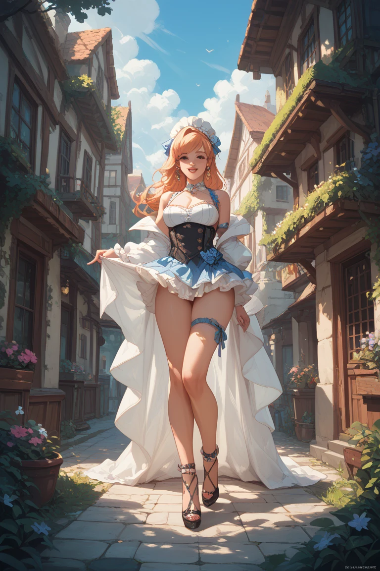 10 year old girl underwear, Realistic bloomers made from patterned cotton fabric, Medieval one-piece dress with panniers, Fabric Realism, Low - Angle, I see bloomers, Pull up the dress by hand, Strong winds, Translucent slip, Translucent slip, tights, Highest quality, Crotch close-up, whole body
