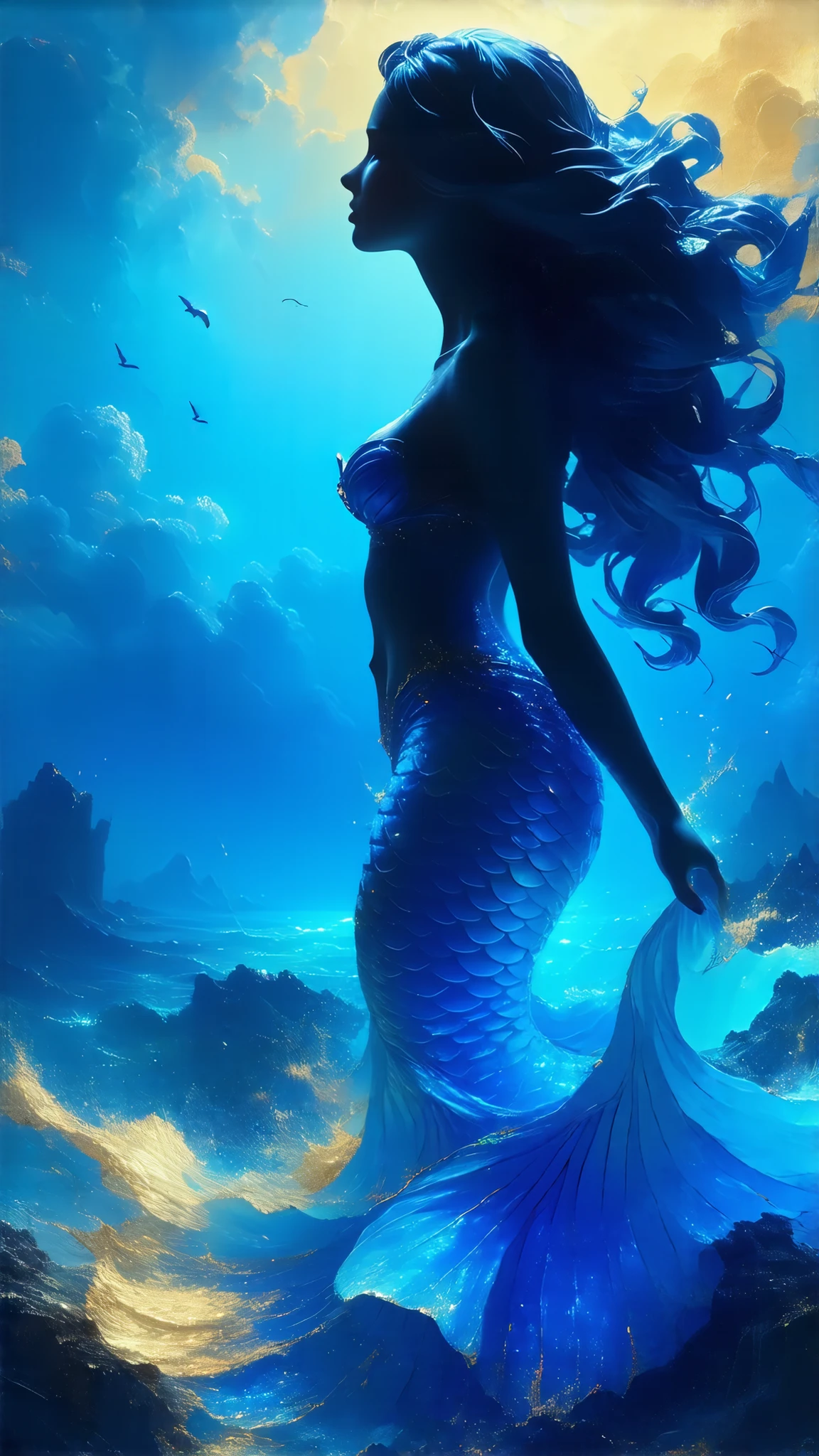 (A folk mermaid swimming at the bottom of the dark blue sea)