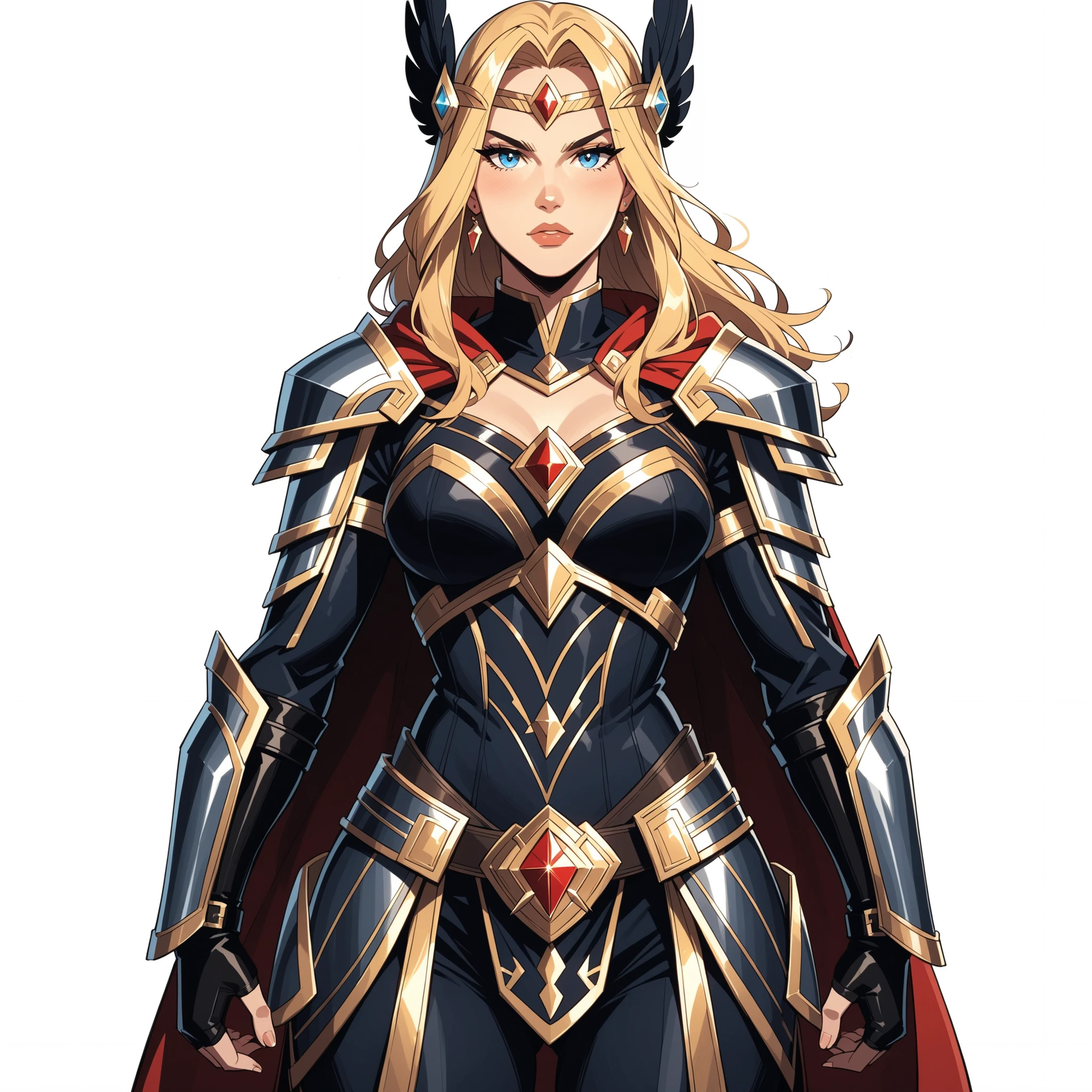 masterpiece, best quality, comic book style, Young Asgardian goddess, female warrior with pale skin and glowing sky blue eyes, long golden hair flowing like threads of gold. Wears a majestic black Asgardian armor with gold and silver accents, a red cape with a white fur collar. Medium body type, athletic and balanced, with divine beauty. Sparks of electricity and lightning surround her body. Comic book style, inspired by Yama Orce and CD Projekt Red. Confident and serious expression. Medium shot. Cold tones. White empty background. High detail, sharp lines, dynamic lighting, ArtStation quality.