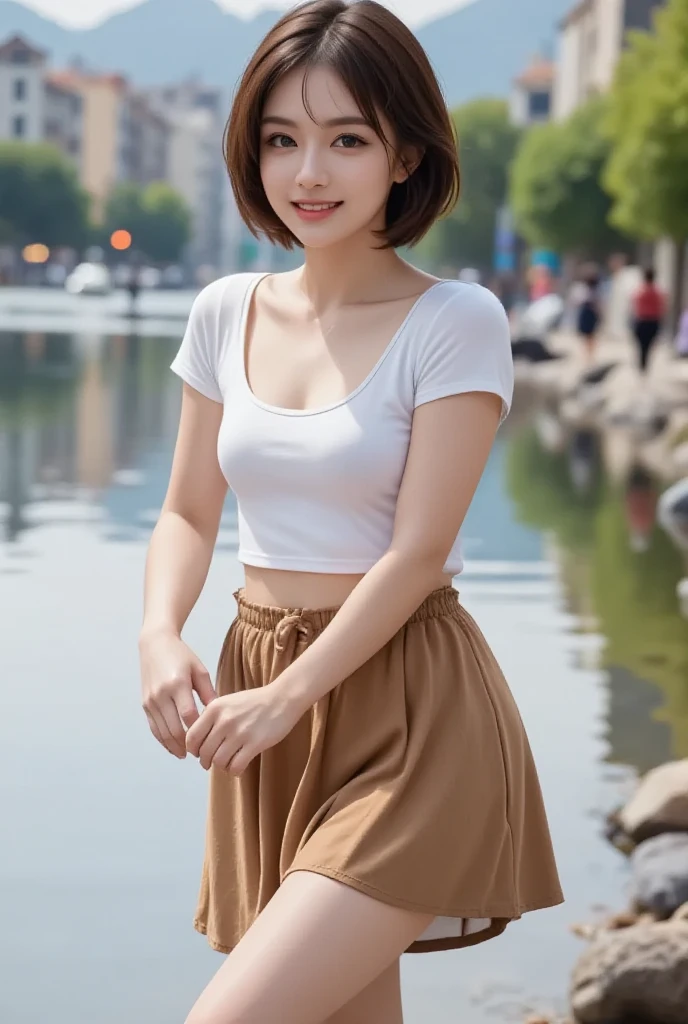 1 woman, adult woman, woman in her 30s, tarankaaa, NOT DASHA TARAN, full body standing, full body head to feet, perfect body, best quality, 32k, photograph, full body (head to toe), tone mapping, ((houjou satoko, short hair, blonde hair, violet eyes, hair between eyes)), ((wearing a white dress, one piece dress ,black hairband, she is wearing very detailed fashion dress,short sleeves)), ((mid sized breasts,athletic, skinny, accentuated hips and waist)), asian-european, (mouth wide open: laughing hard joyful expression, amazingly beautiful grin, her teeth are visible and perfect, magazine cover perfect laughter, squinty eyed smile), ((golden blonde hair, short hair, purple eyes)) perfectly drawn hands, ((masterpiece)), ((highres)), ((detailed background)), japanese village background, next to a river, (big proportions), cute pose, beautiful smile, ((perfect eyes, detailed eyes, realistic eyes)), ((sharp face, detailed face, realistic face, natural skin, realistic skin, detailed skin, pores)), (real wider legs, truly wider arms)