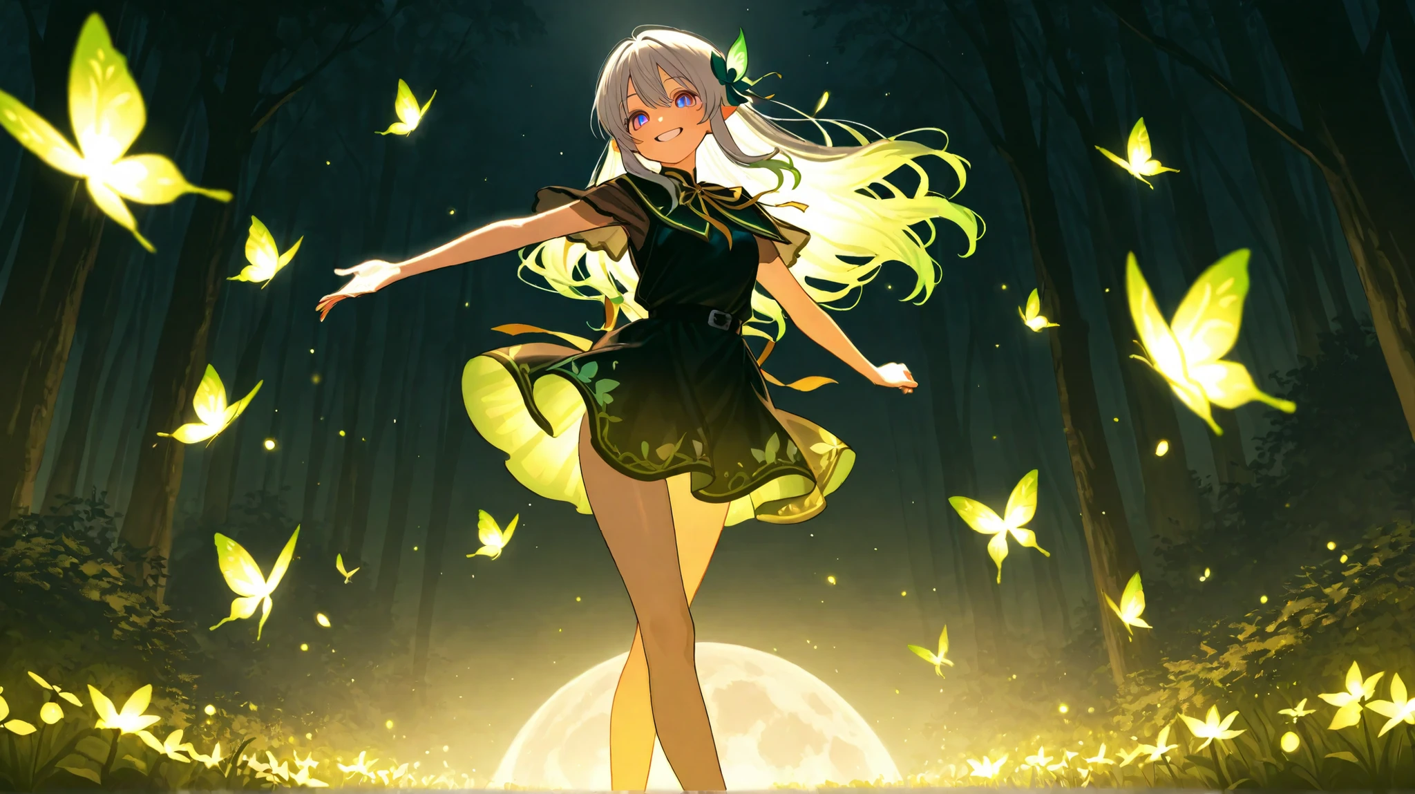 HD、High Quality、pulsating、beautiful、smiling、dancing、black simple dress with a sense of pulsation、Short skirt length、dark forest with changing colors、The Moon is out、Fantastic firefly light
